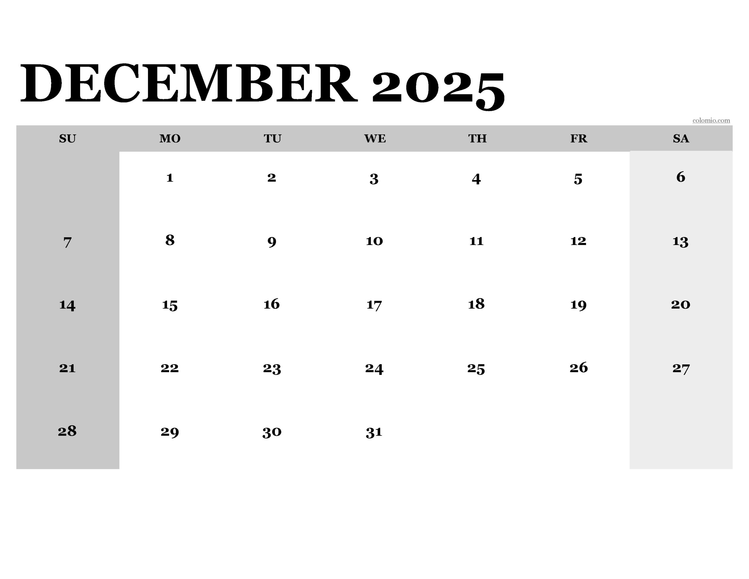 Blank 2025 Calendar December