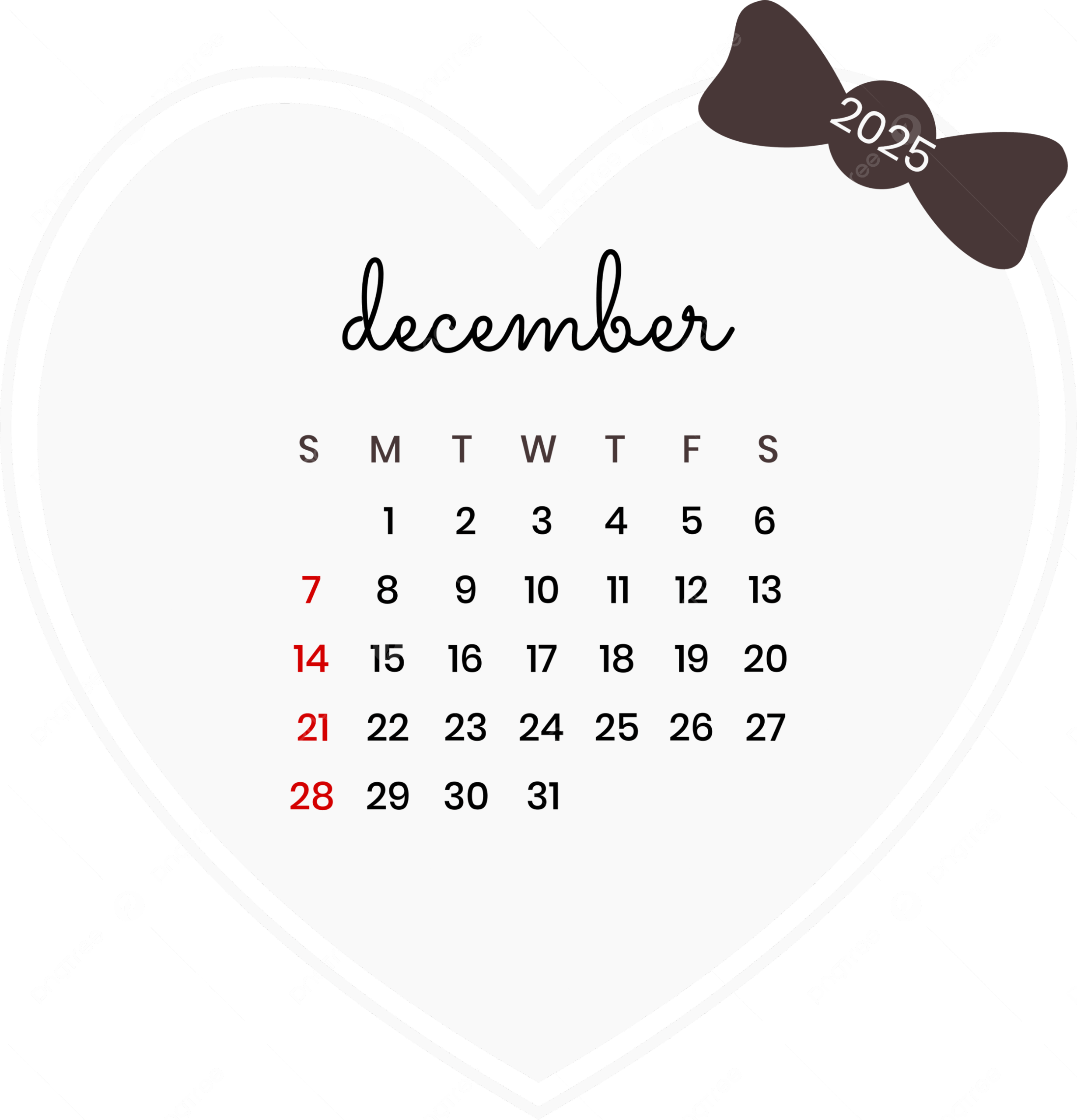 December 2025 Calendar Love Design Vector December 2025 December 2025 Calendar Calendar 2025 PNG And Vector With Transparent Background For Free Download