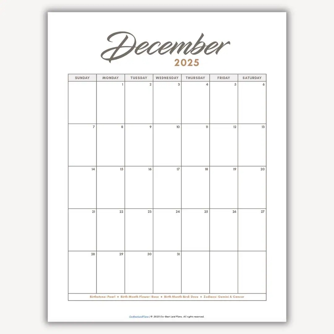 Calendar December Blank 2025