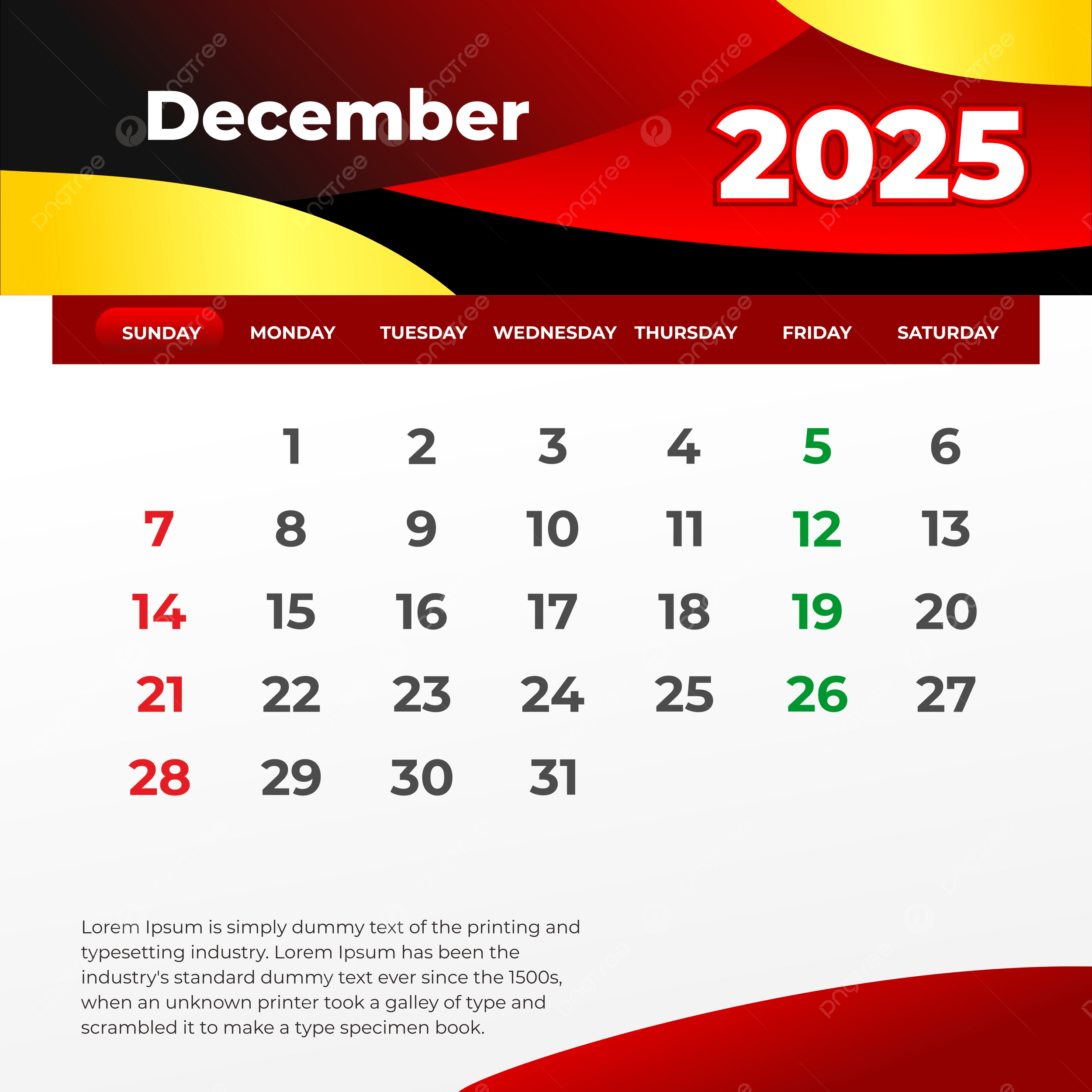 December 2025 Calendar Ready To Print Vector Template Download On Pngtree