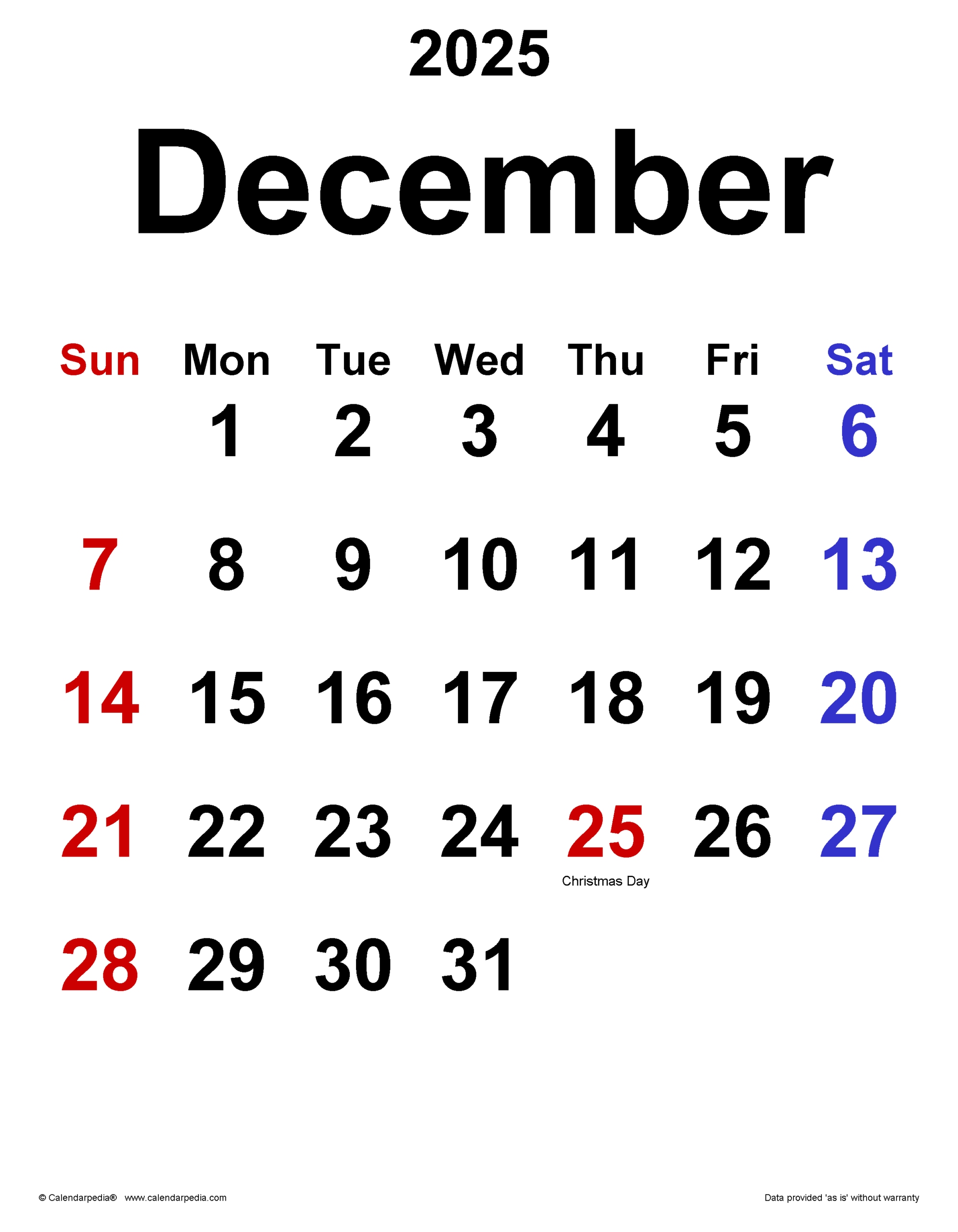 Printable Blank December 2025 Calendar