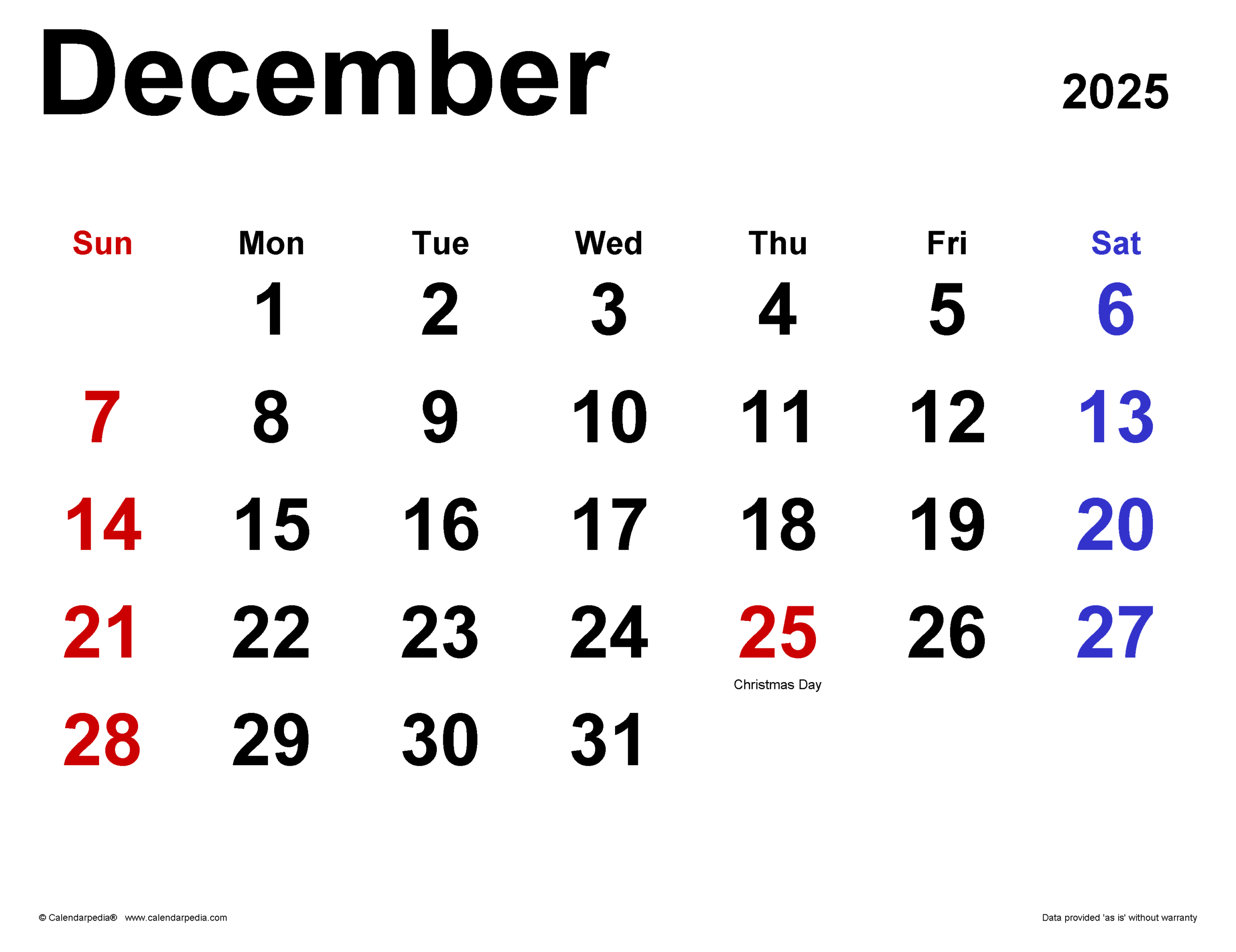 Blank Editable Calendar December 2025