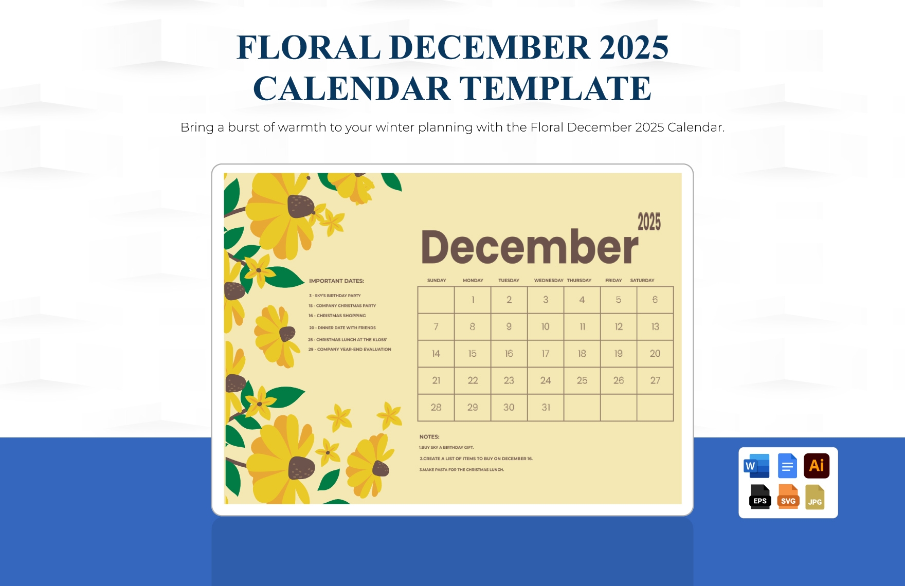 December 2025 Calendar With Holidays In EPS Illustrator JPG Word SVG Google Docs To Download Template