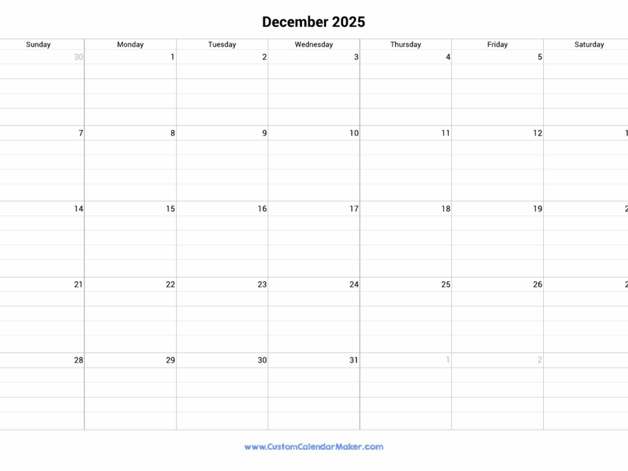 December 2025 Fillable Calendar Grid With Lines Custom Calendar Maker