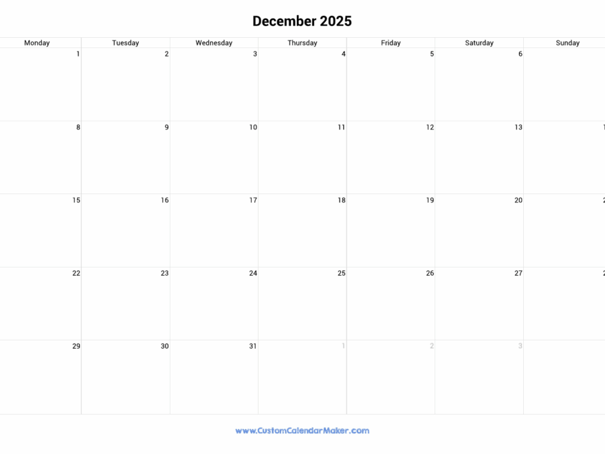 December 2025 Monday Start Calendar Monday To Sunday Custom Calendar Maker