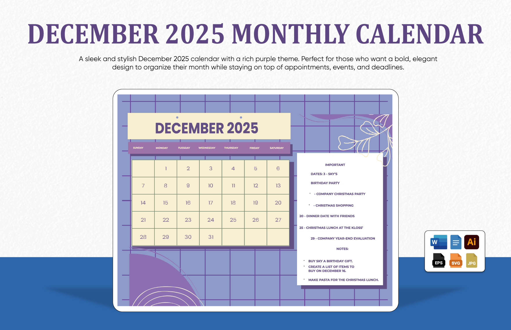 Blank December 2025 Month Calendar