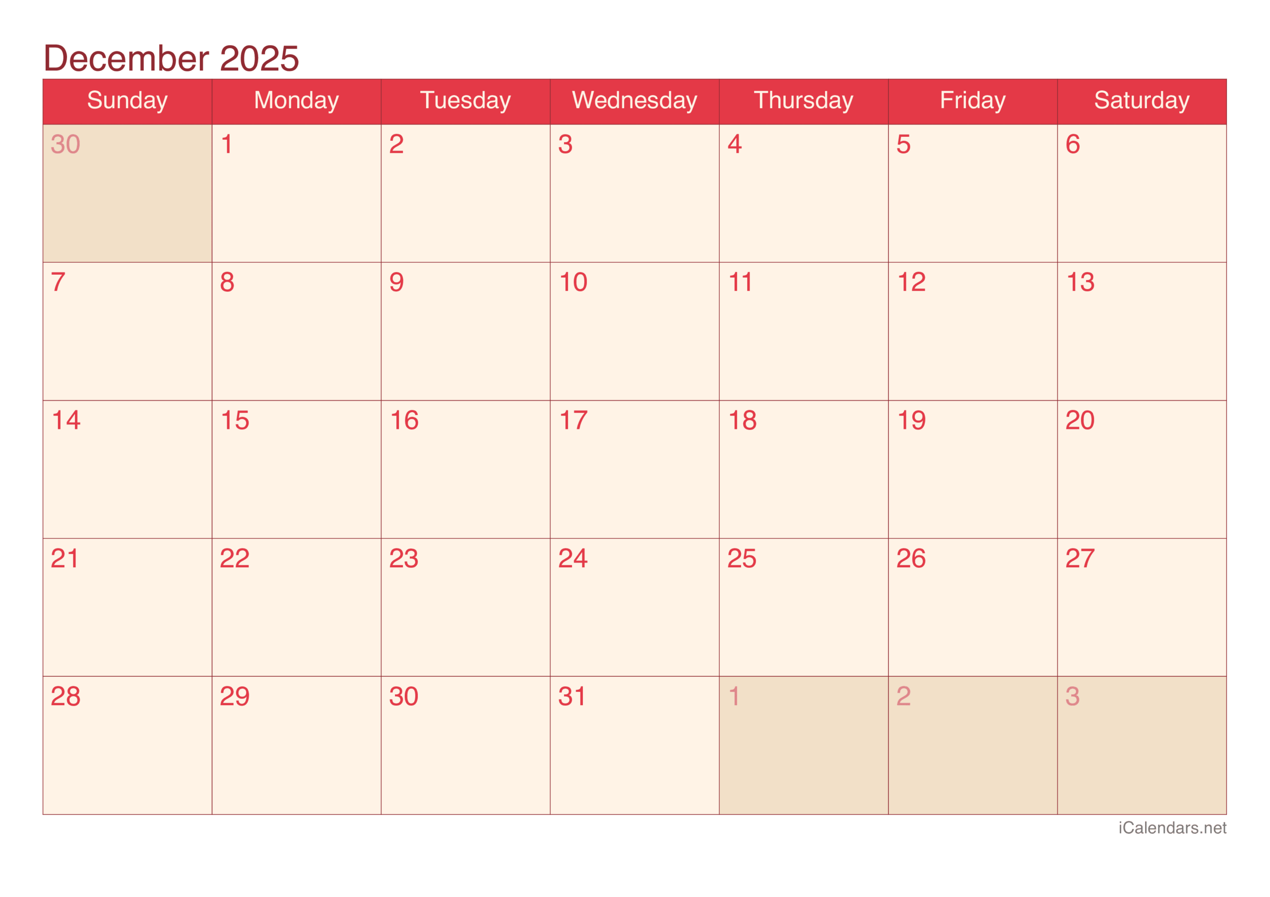 Blank Calendar Decemeber 2025