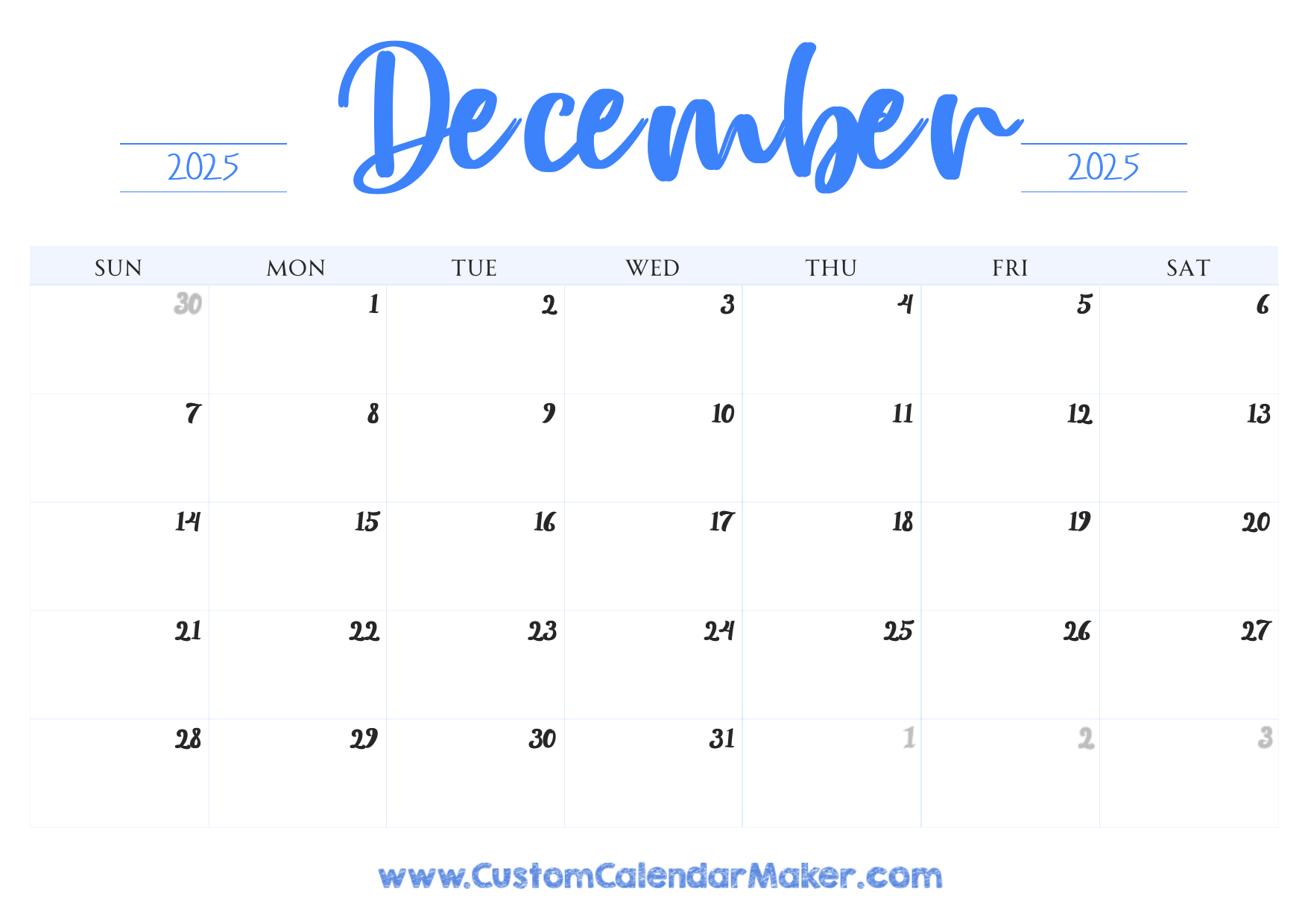 December 2025 Printable Calendar 23 Free Templates PDF Custom Calendar Maker