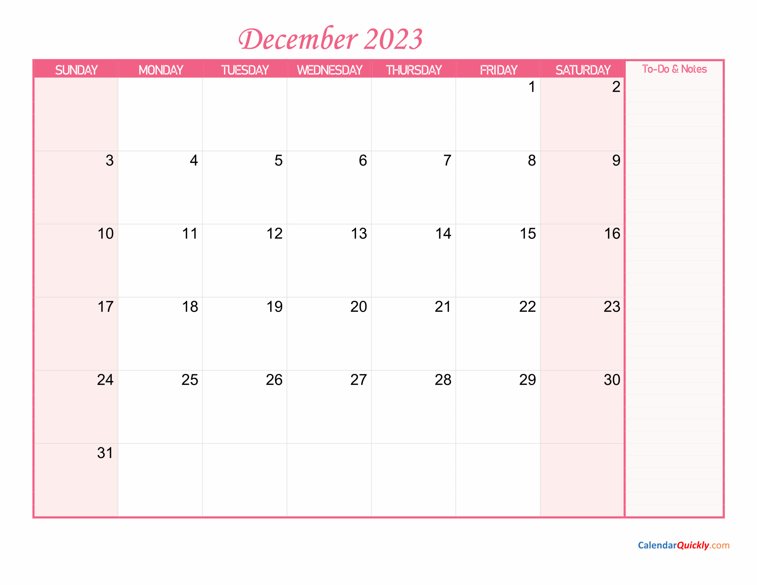 December Calendar 2023 With Notes Calendar Quickly