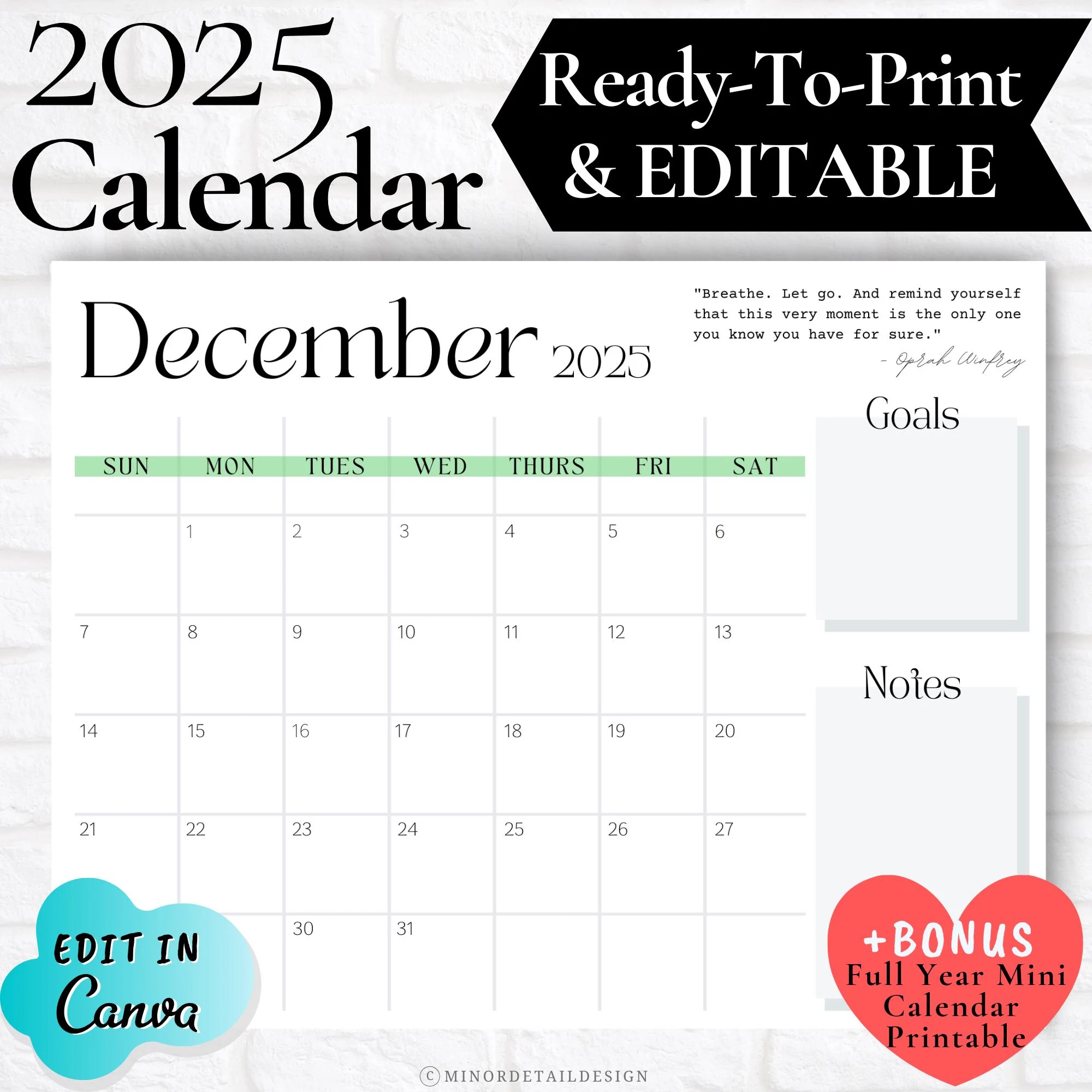 December Calendar 2025 December 2025 Printable Calendar EDITABLE December Calendar Calendar With Notes Section Minimalist White Calendar Etsy