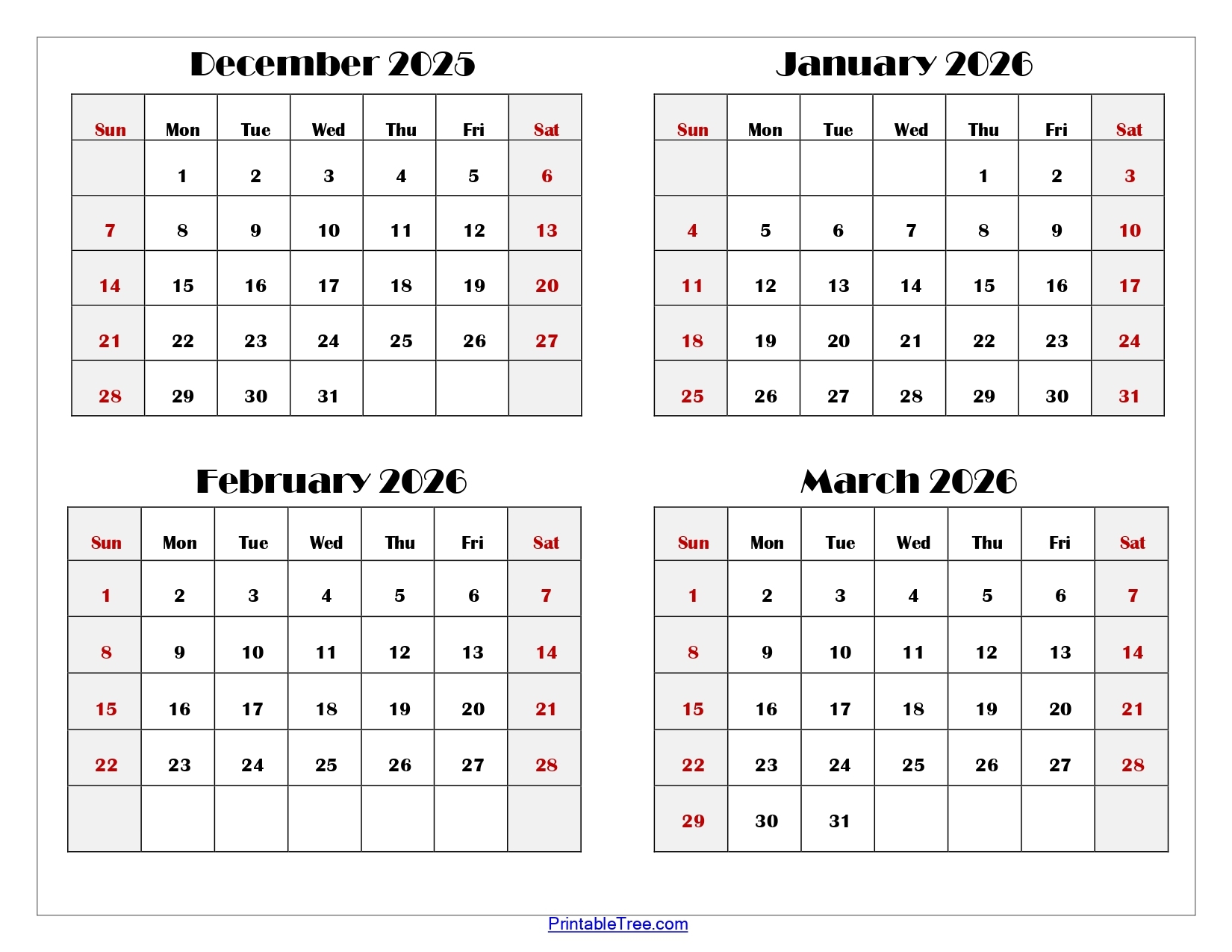 December Calendar 2025-2026