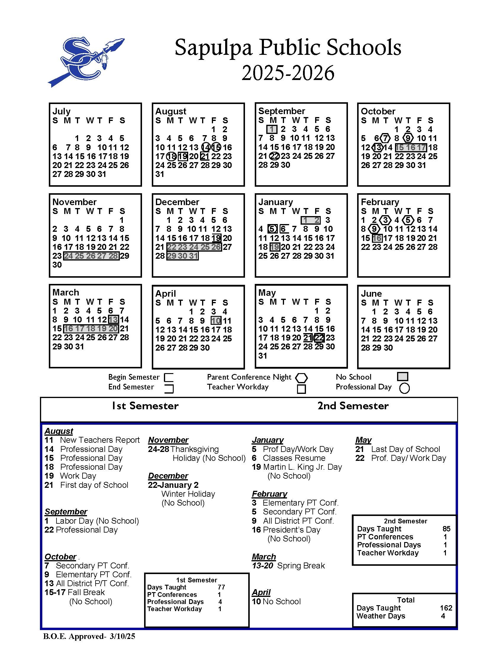 District Calendar Sapulpa Public Schools