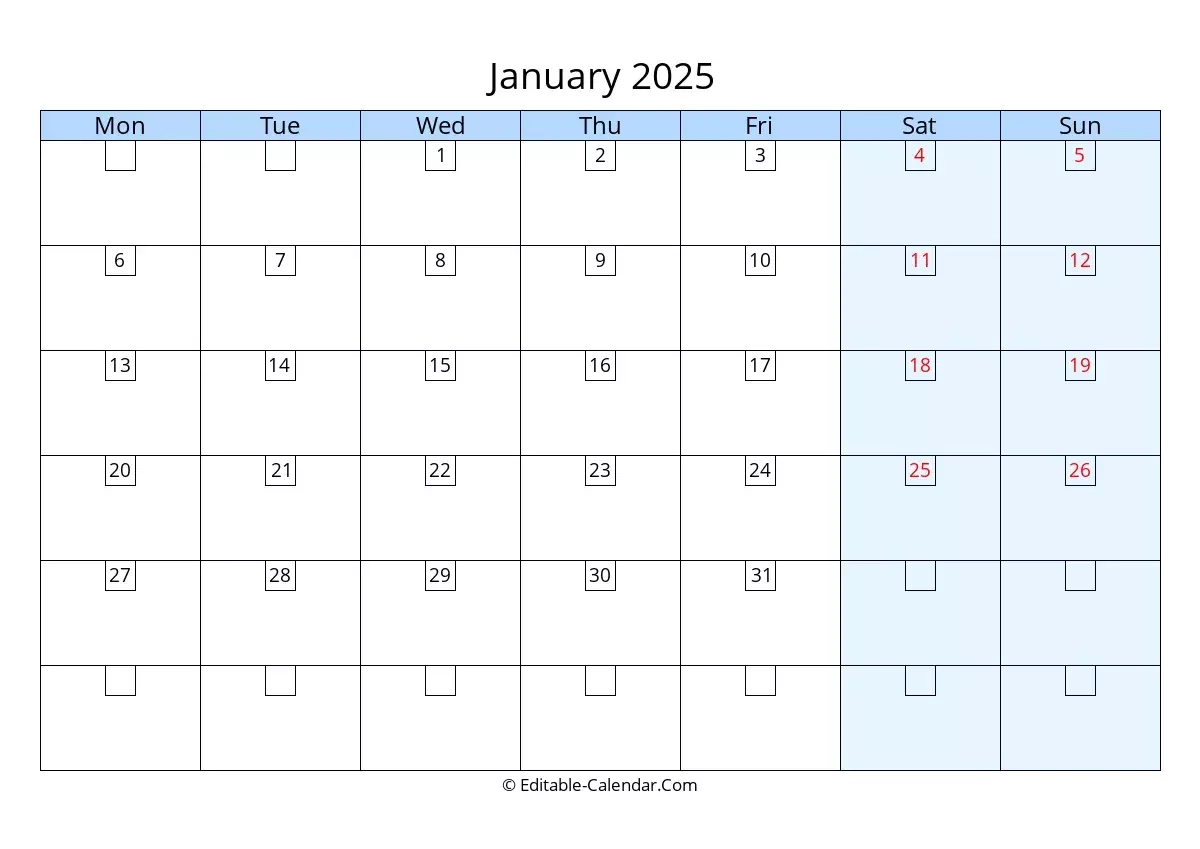 Download Editable 2025 Calendar January Monday Start
