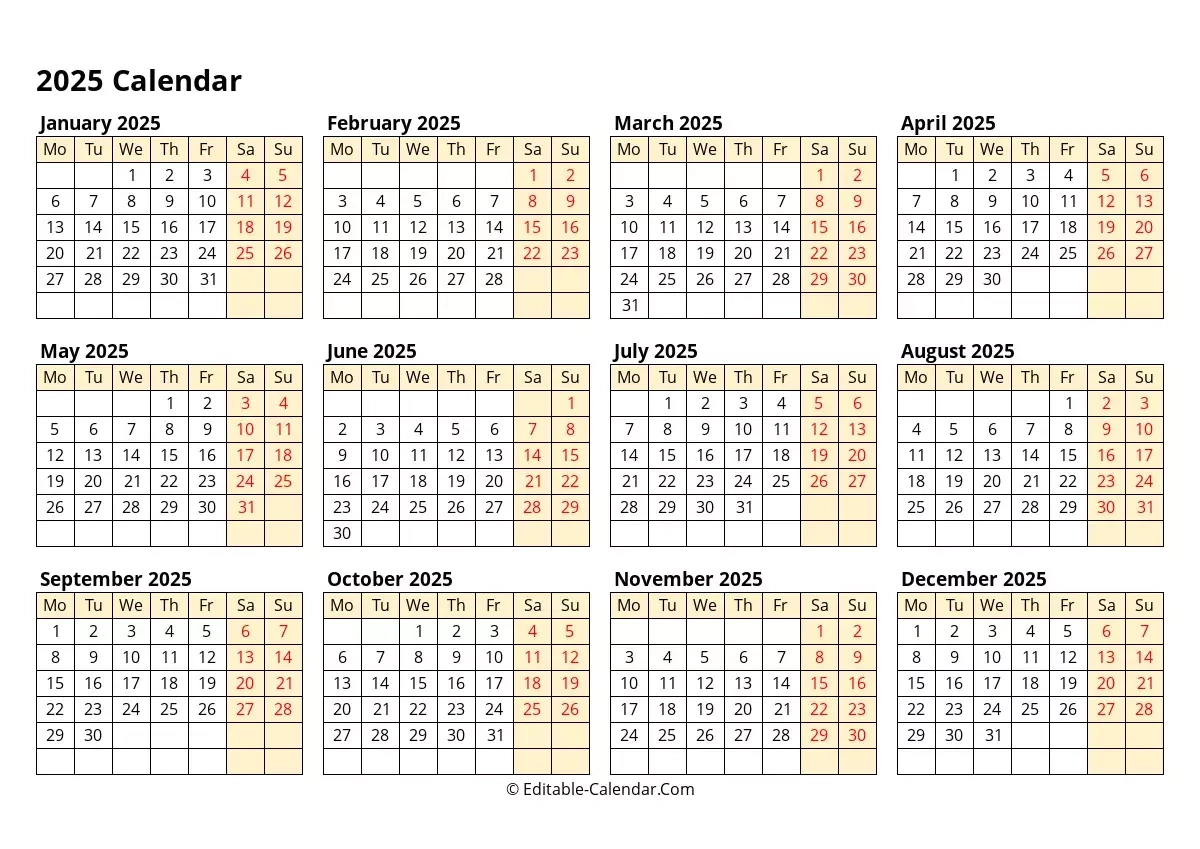 2025 Blank Calendar Starting With Monday
