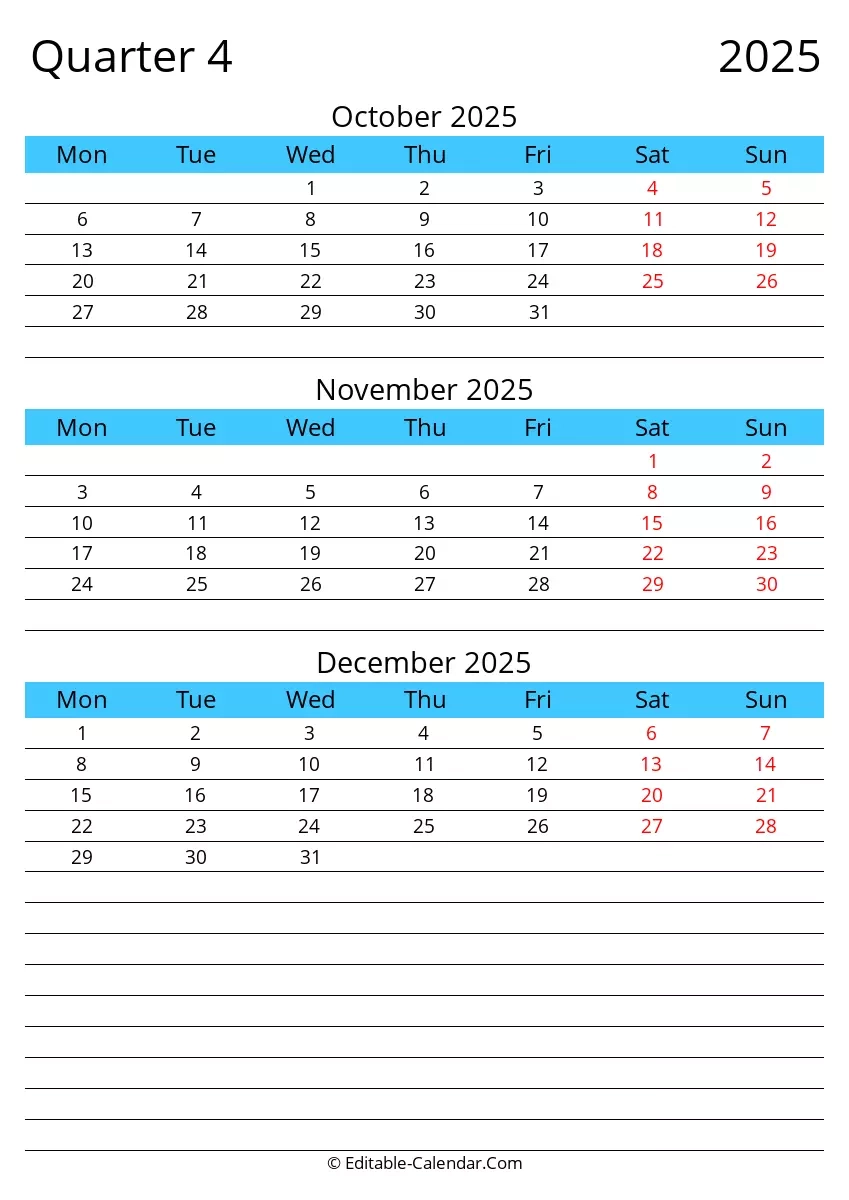 Download Free Printable Quarter 4 2025 Monday Start