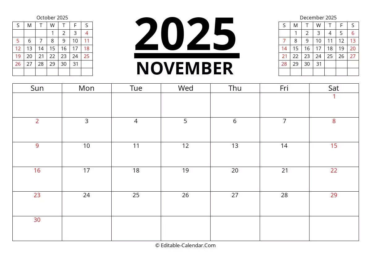 Large Blank Calendar November 2025