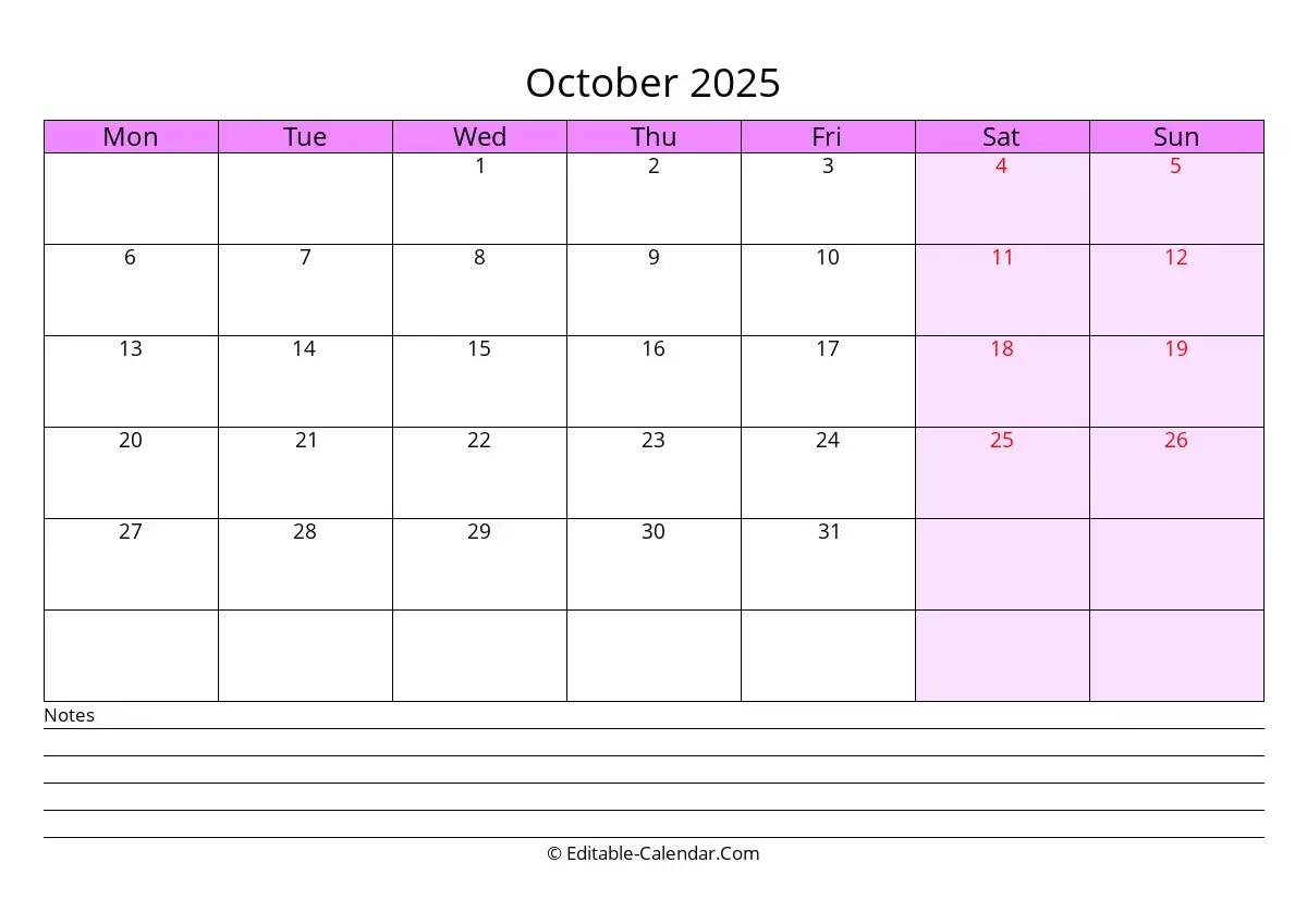 Colorful Blank October Calendar 2025 Printable