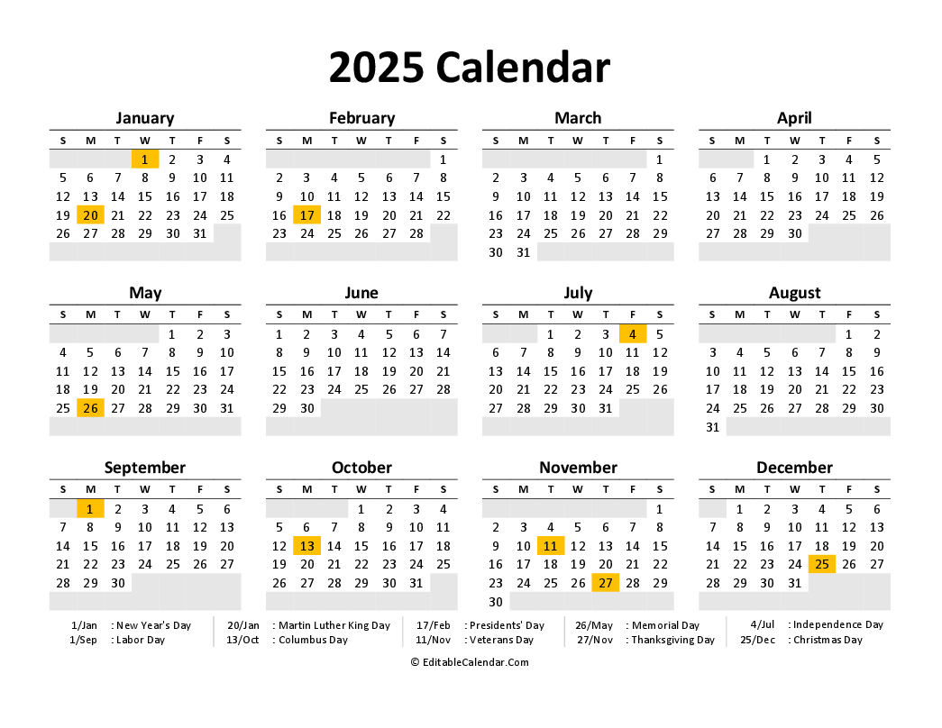 Download Printable Calendar 2025 Free PDF Version 