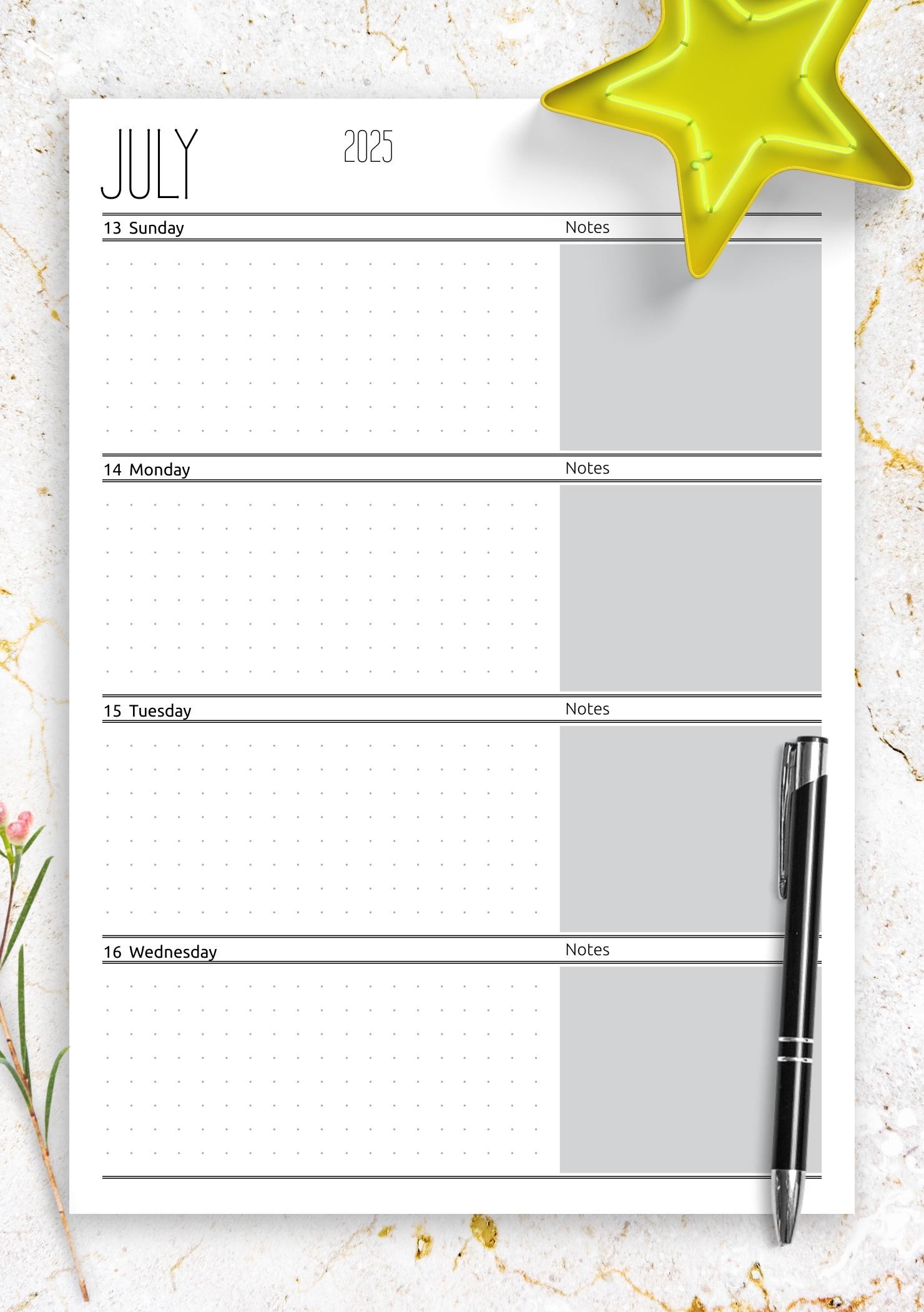 Blank 2025 Weekly Calendar