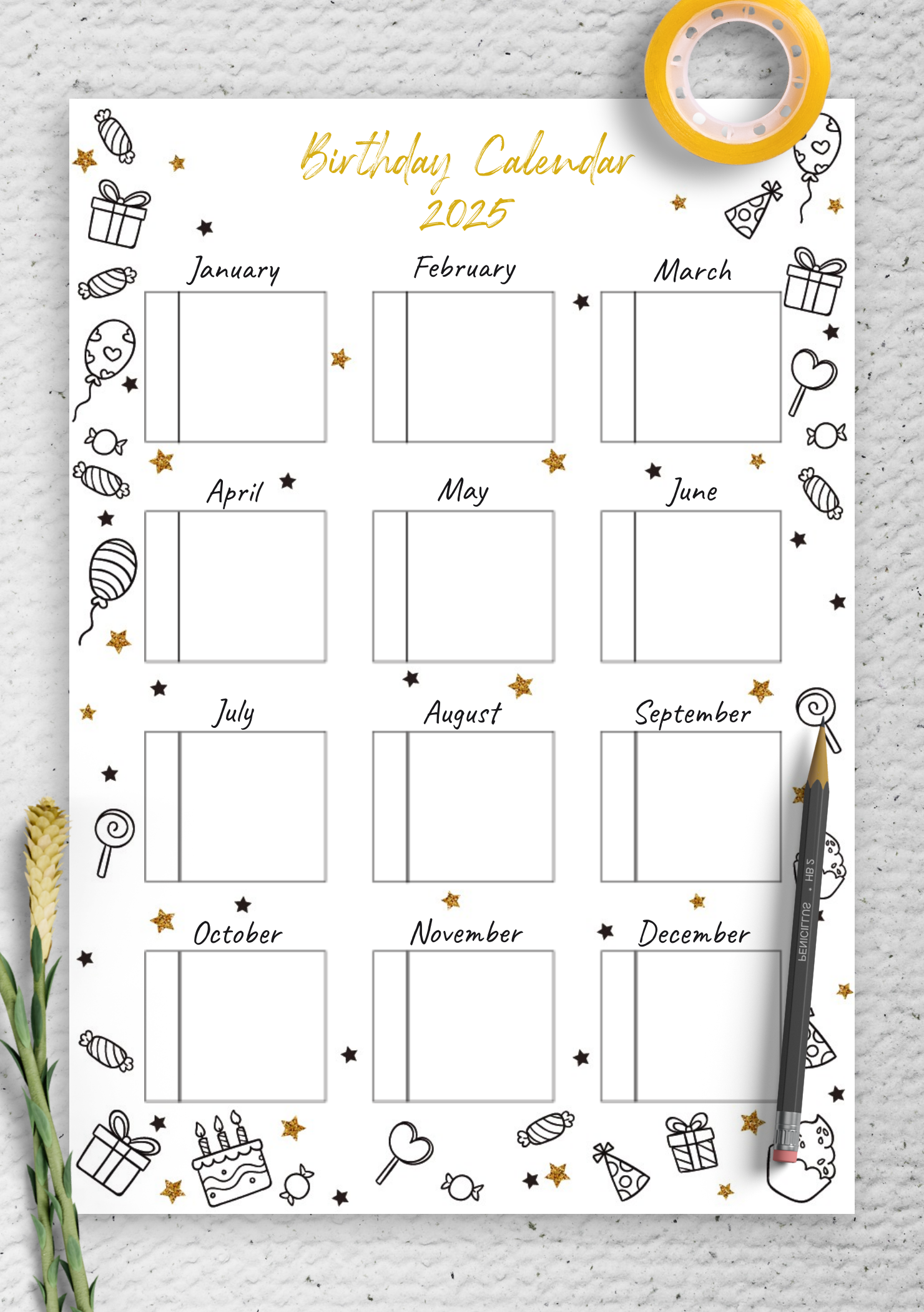 Download Printable Gold And Black Birthday Calendar PDF