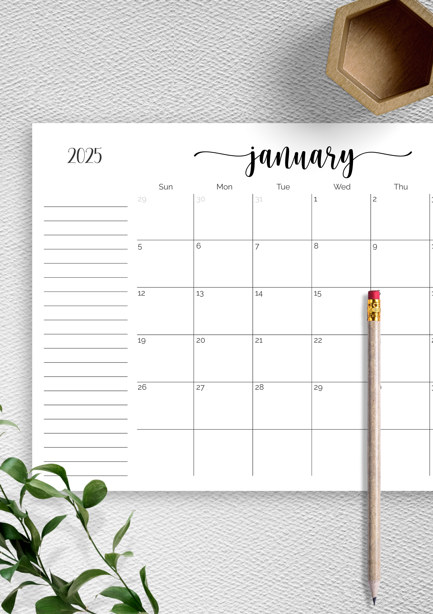 2025 Blank Calendar With Note Section