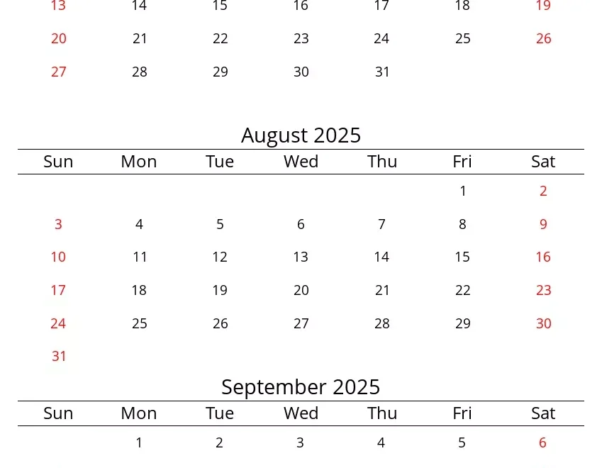Download Quarter 3 2025 Three Month Calendar Sunday Start