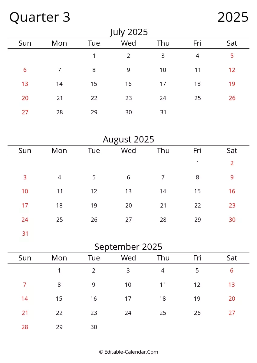 Download Quarter 3 2025 Three Month Calendar Sunday Start