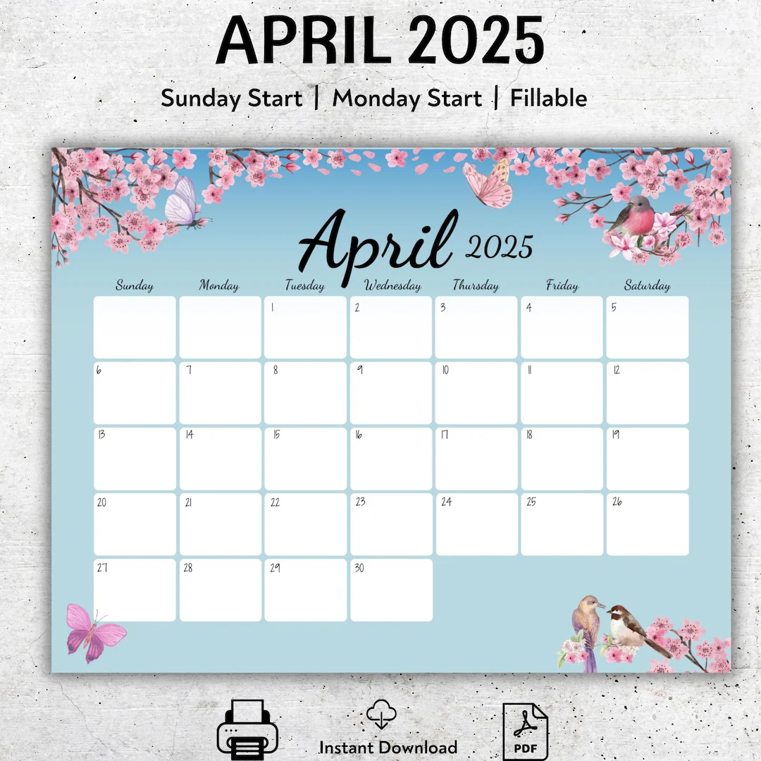 EDITABLE April 2025 Calendar Beautiful Spring Cherry Blossom Cute Birds Printable Homeschool Planner Simple Organizer Instant Download Etsy