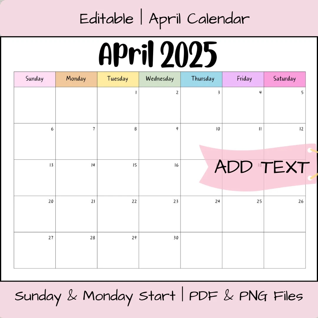 Editable April 2025 Calendar Fillable Printable Activity Planner Classroom Schedule Digital Download PDF Spring Rainbow PNG Template Etsy
