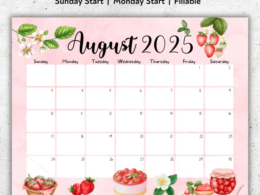 EDITABLE August 2025 Calendar Beautiful Summer Delicious Strawberries Printable Vacation Planner Simple Organizer Instant Download Etsy