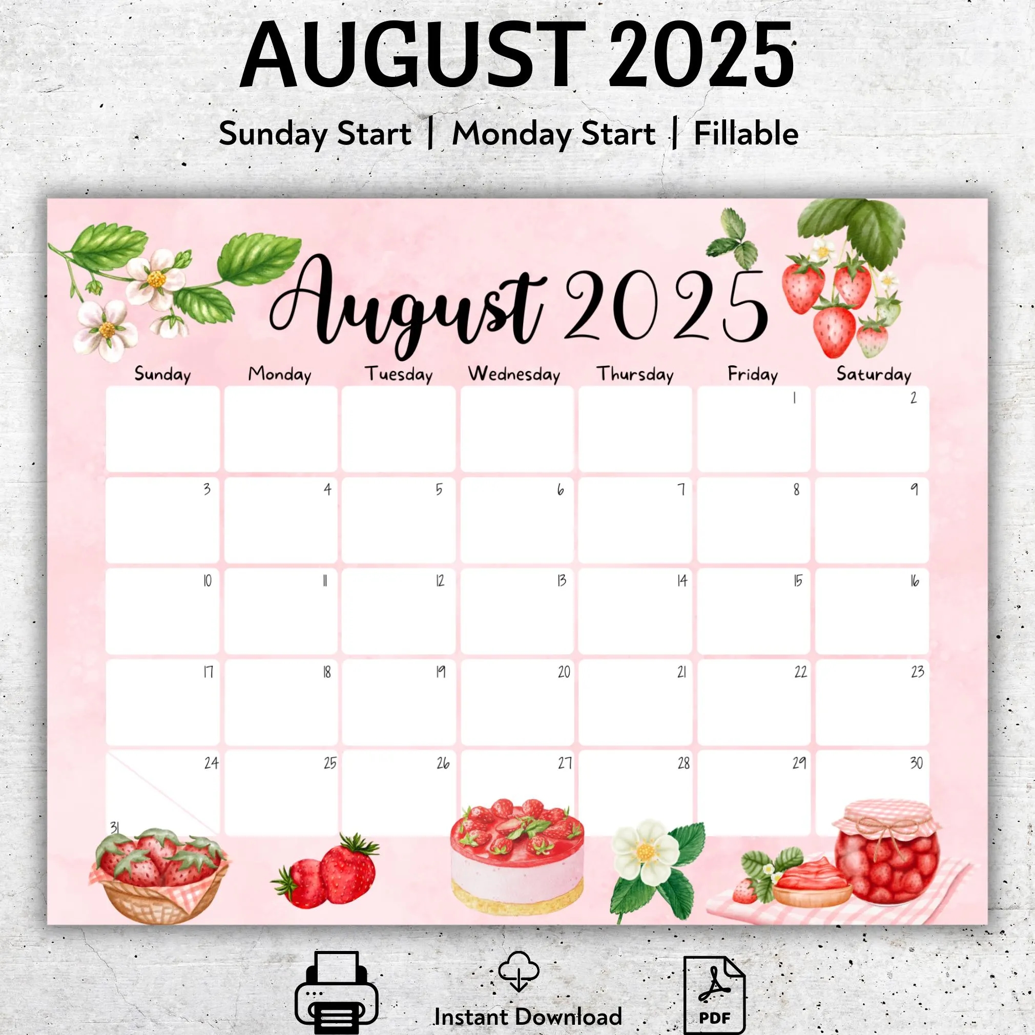EDITABLE August 2025 Calendar Beautiful Summer Delicious Strawberries Printable Vacation Planner Simple Organizer Instant Download Etsy