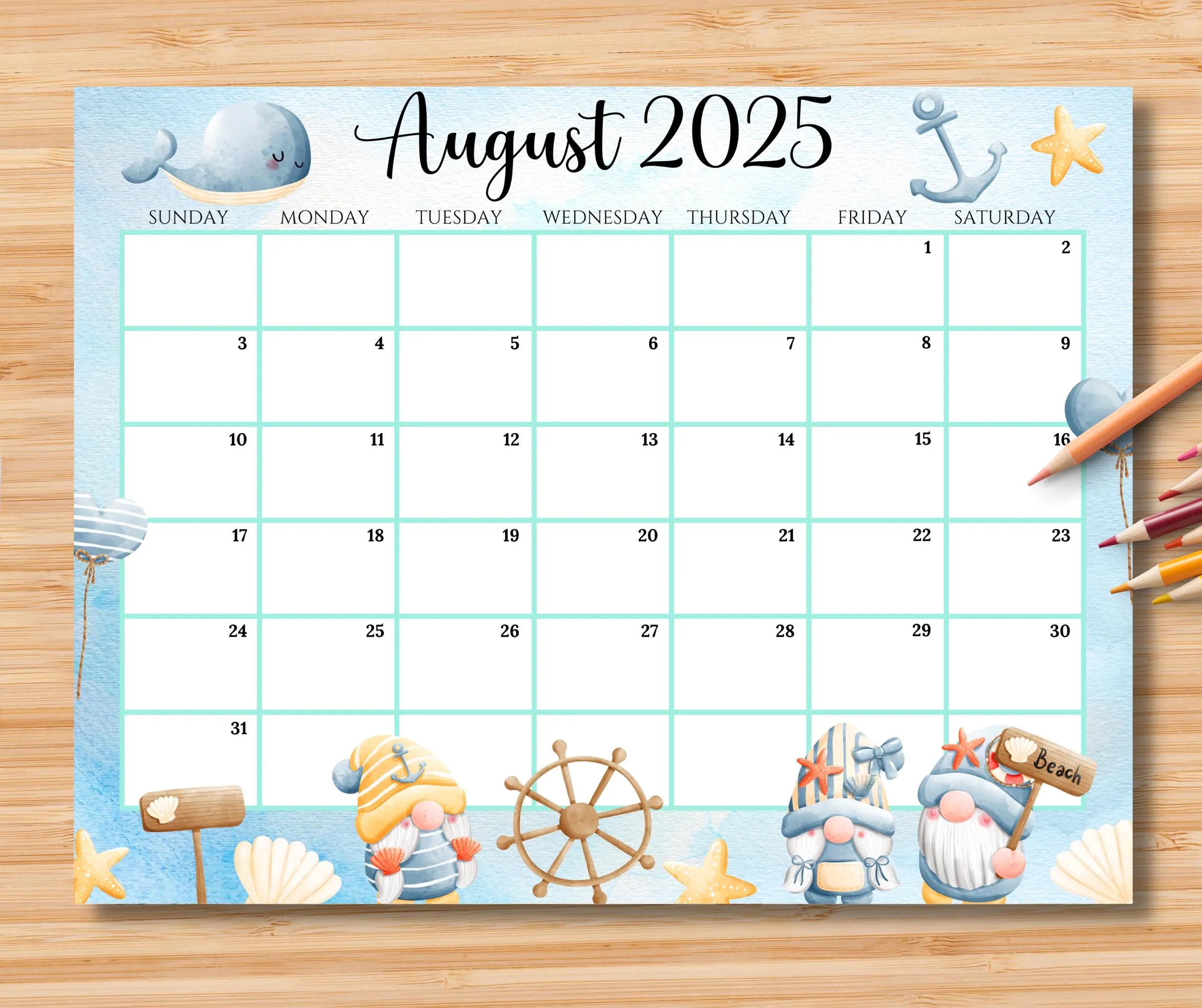 EDITABLE August 2025 Calendar Joyful Summer With Cute Nautical Gnomes Printable Monthly Calendar For Kids School Home Office Work Digital Etsy