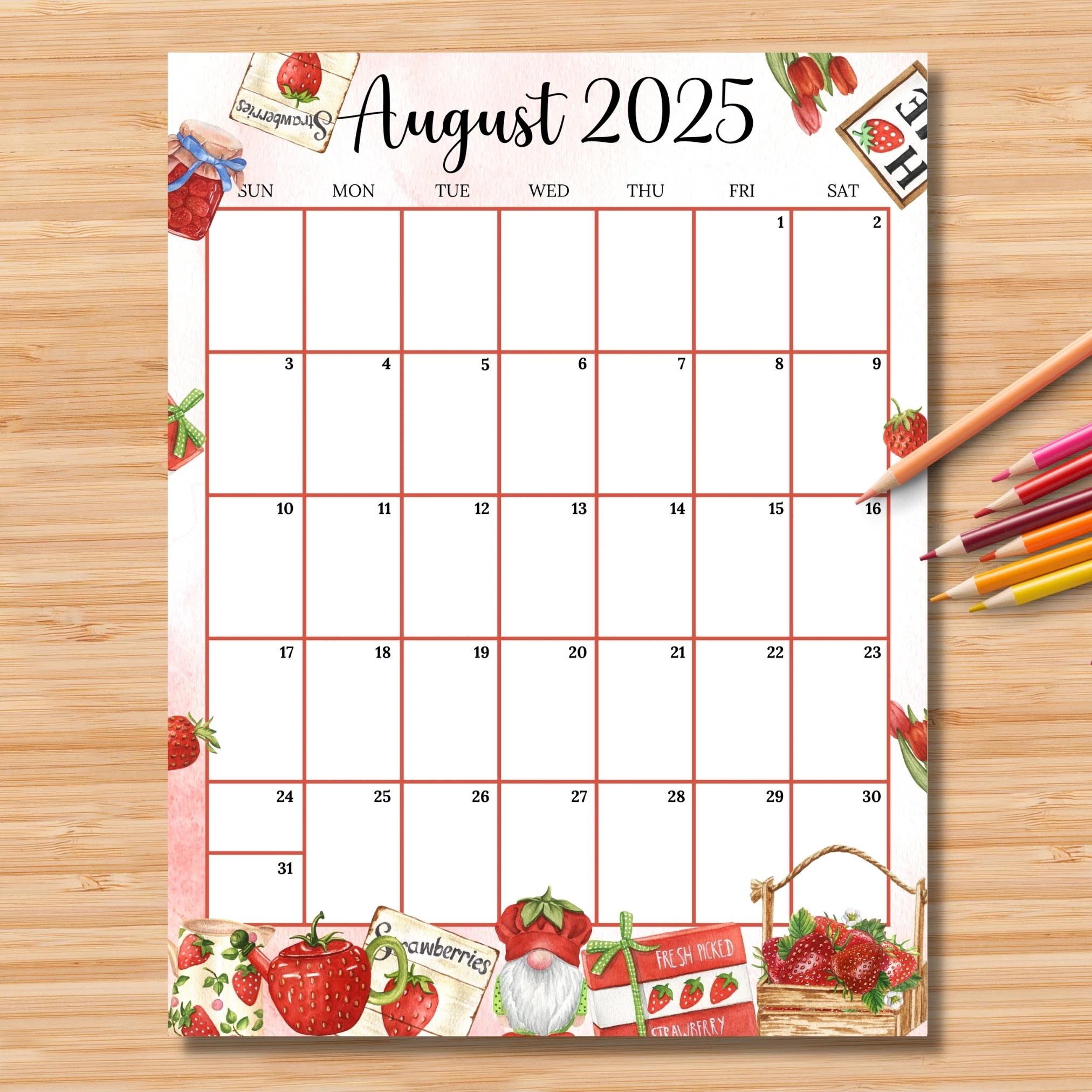 EDITABLE August 2025 Calendar vertical portrait Sweet Summer W Strawberry Gnome Monthly Schedule For Kids School Home Work Office Etsy