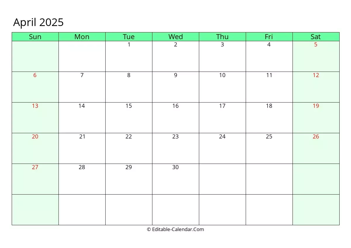 Editable Calendar April 2025 In Excel Word PDF