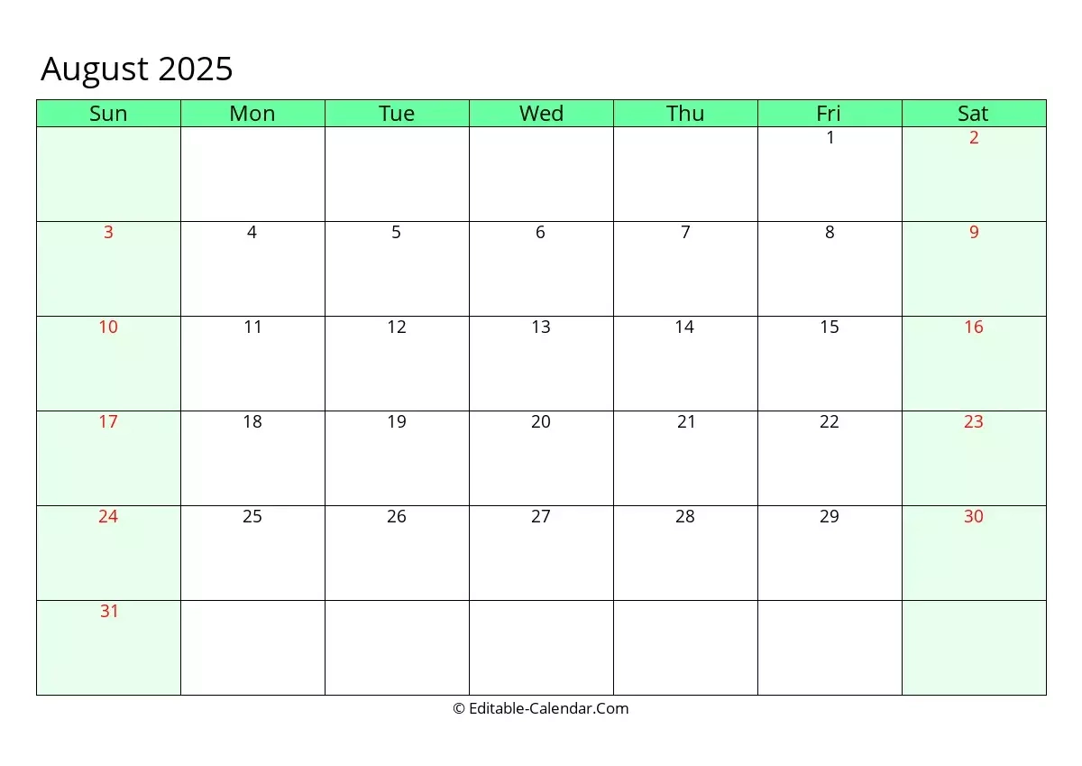 Editable Calendar August 2025 In Excel Word PDF
