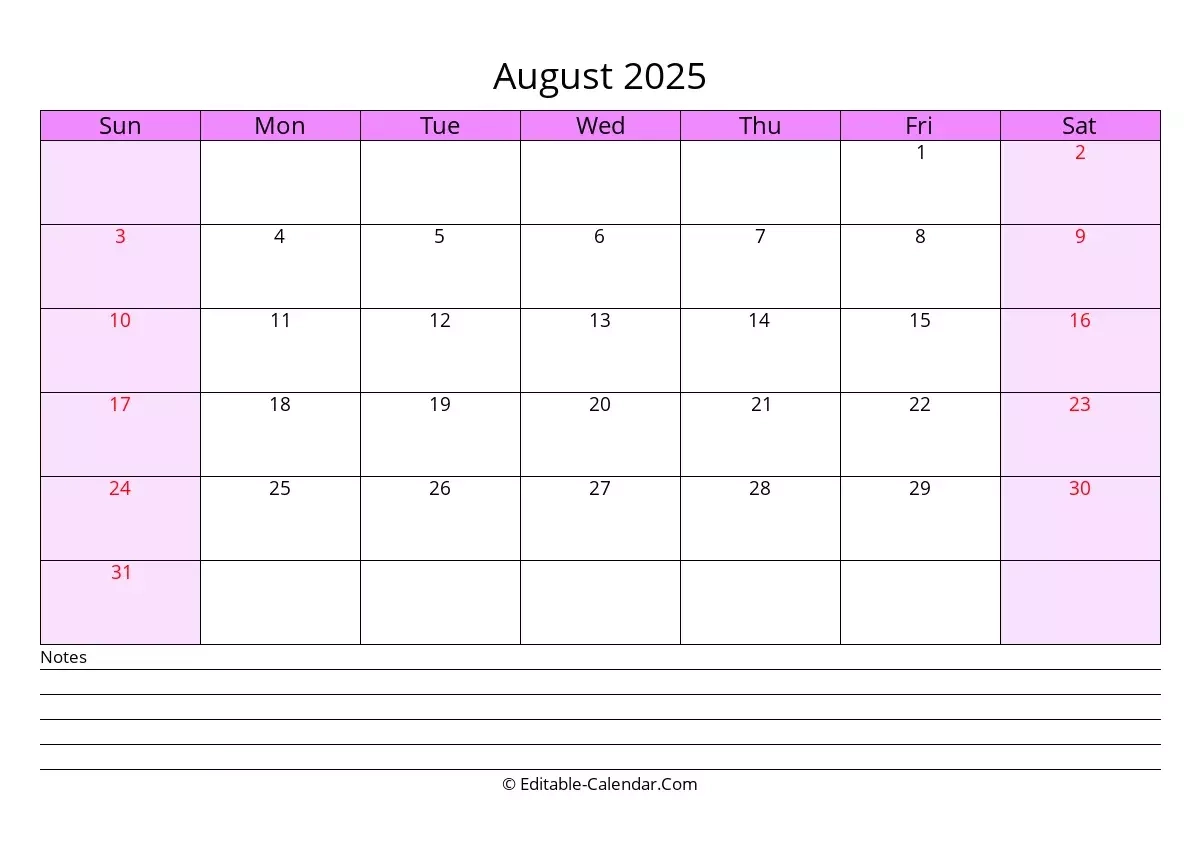 Editable Calendar August 2025 In Excel Word PDF