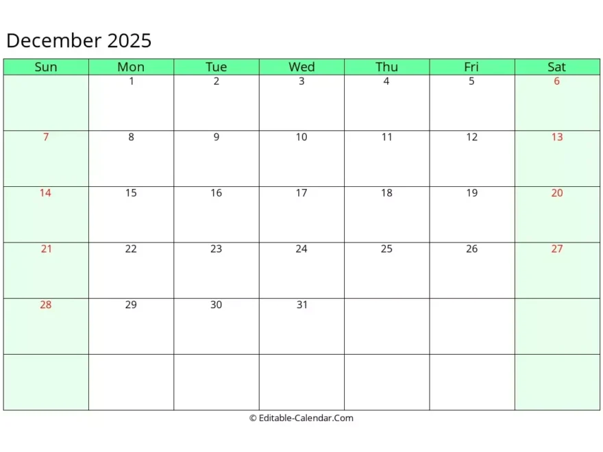 Editable Calendar December 2025 In Excel Word PDF