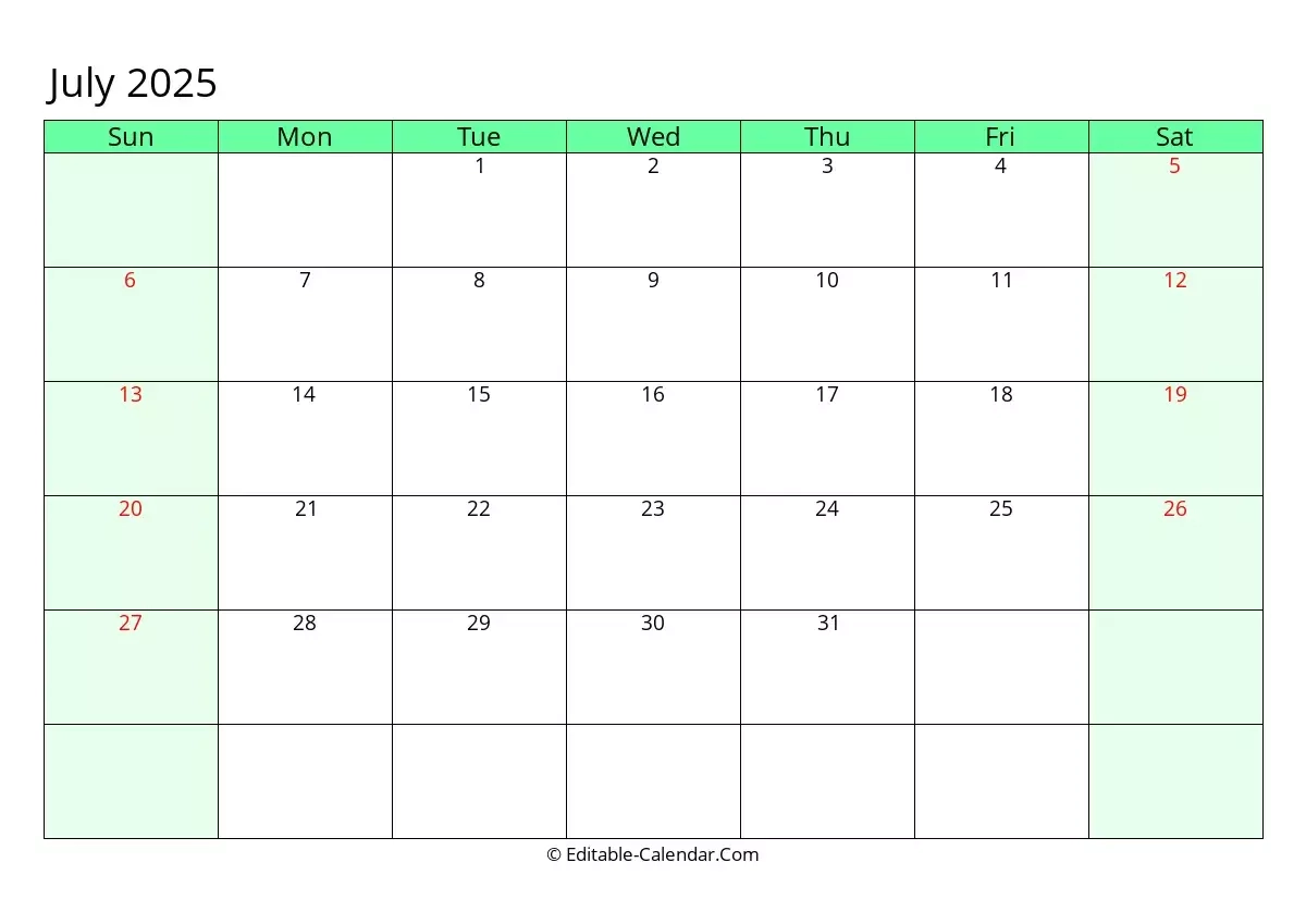 Editable Calendar July 2025 In Excel Word PDF