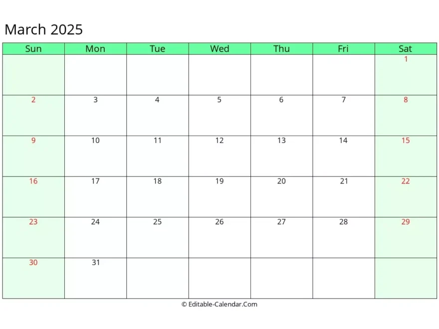 Editable Calendar March 2025 In Excel Word PDF
