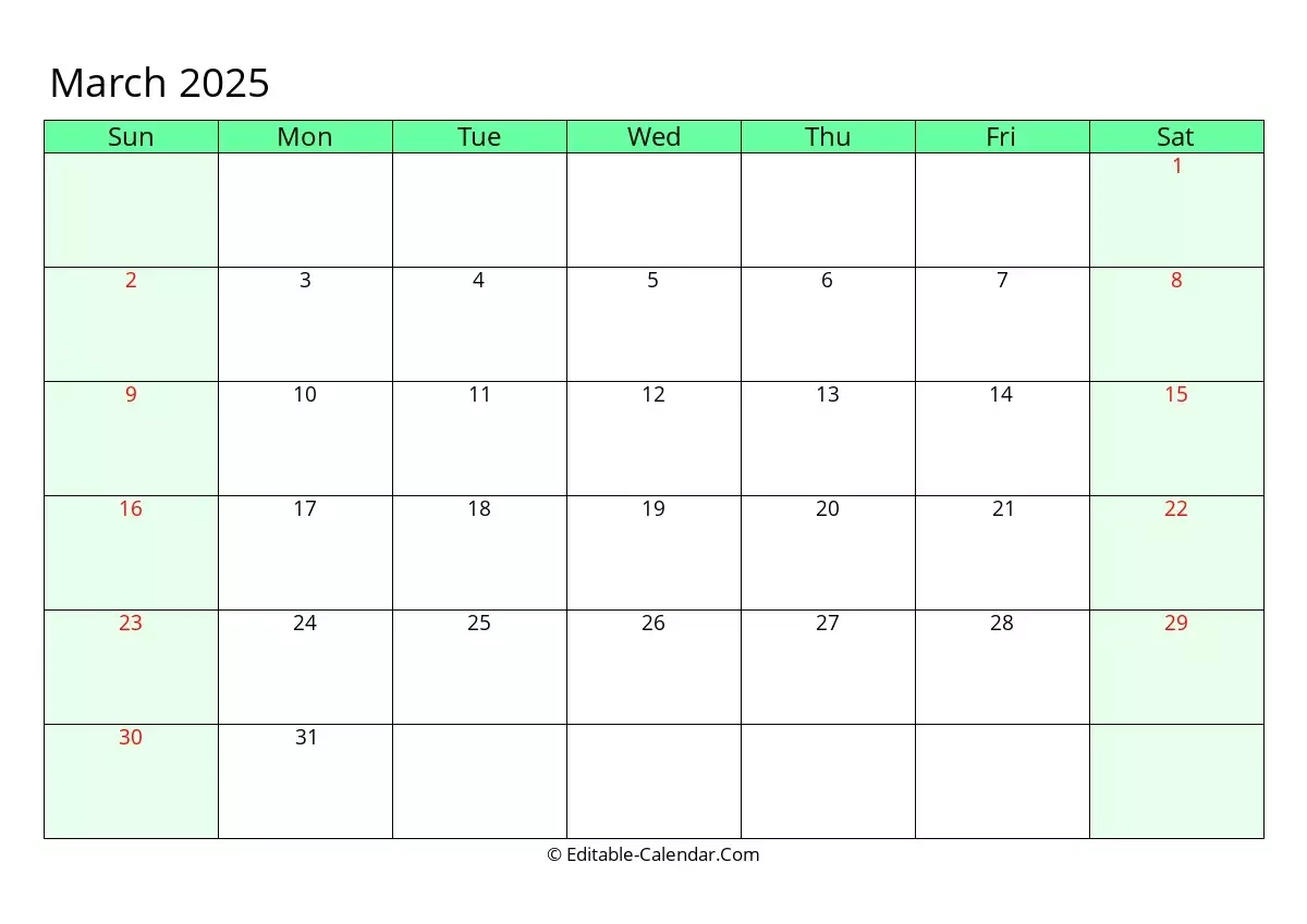Editable Calendar March 2025 In Excel Word PDF