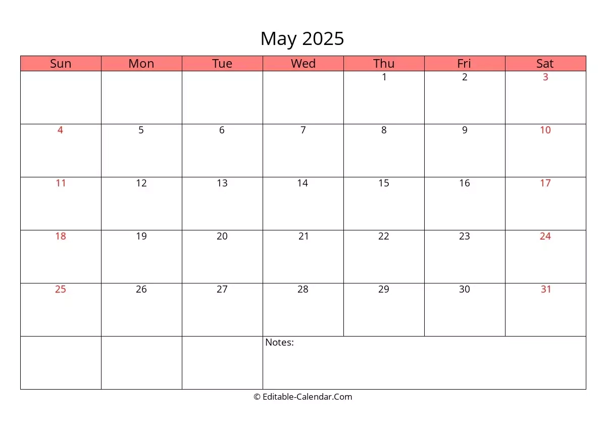 Editable Calendar May 2025 In Excel Word PDF