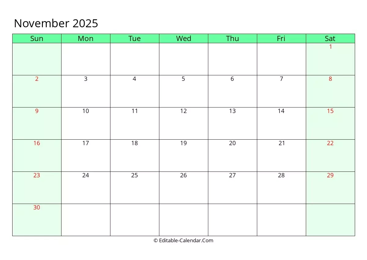 Editable Calendar November 2025 In Excel Word PDF