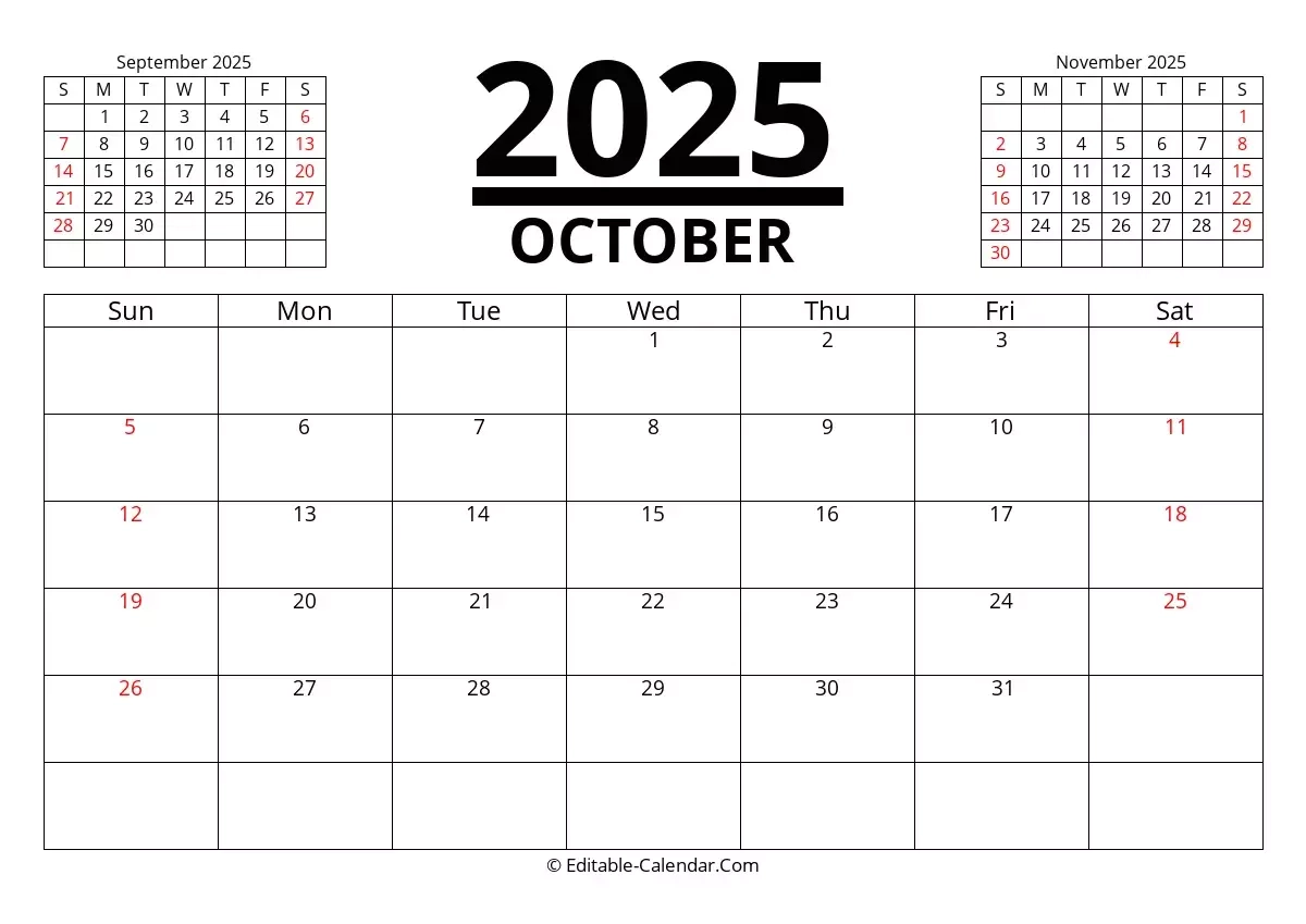 Editable Calendar October 2025 In Excel Word PDF