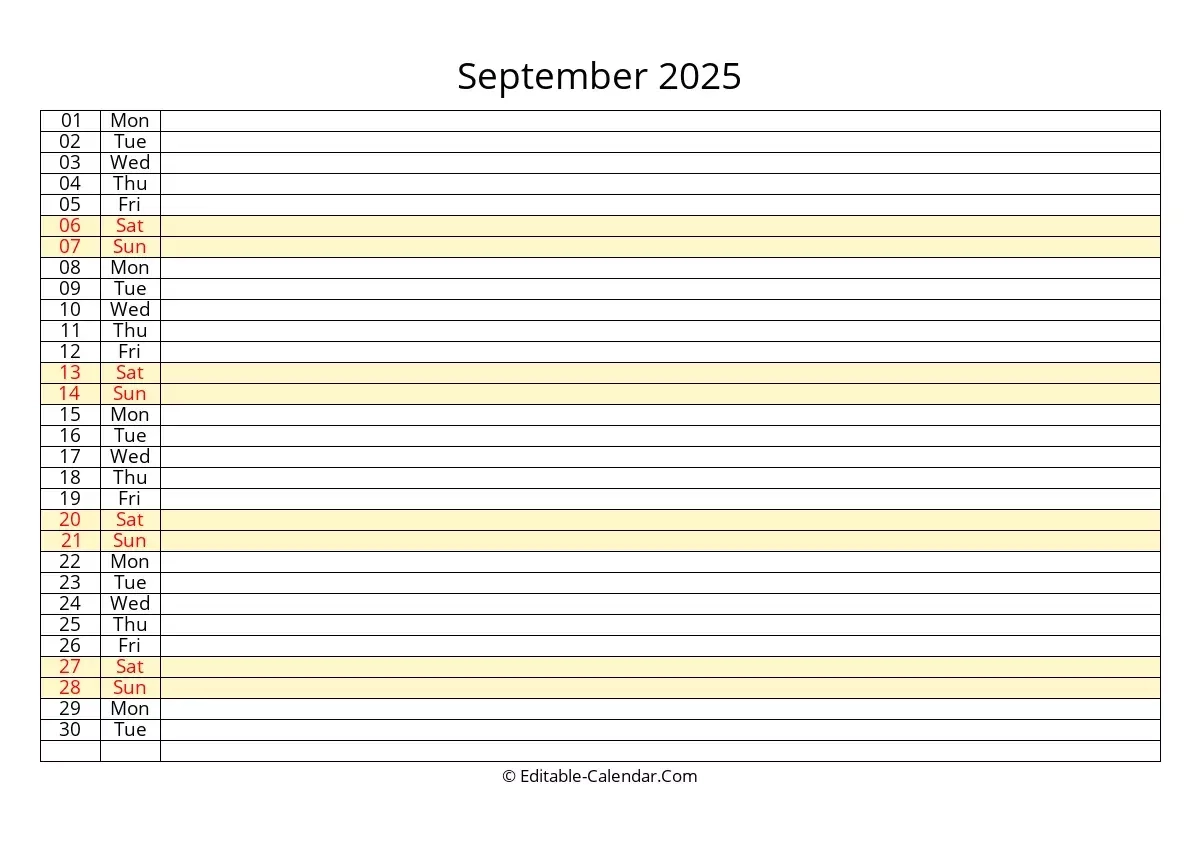 Blank Calendar September 2025 Template Editable