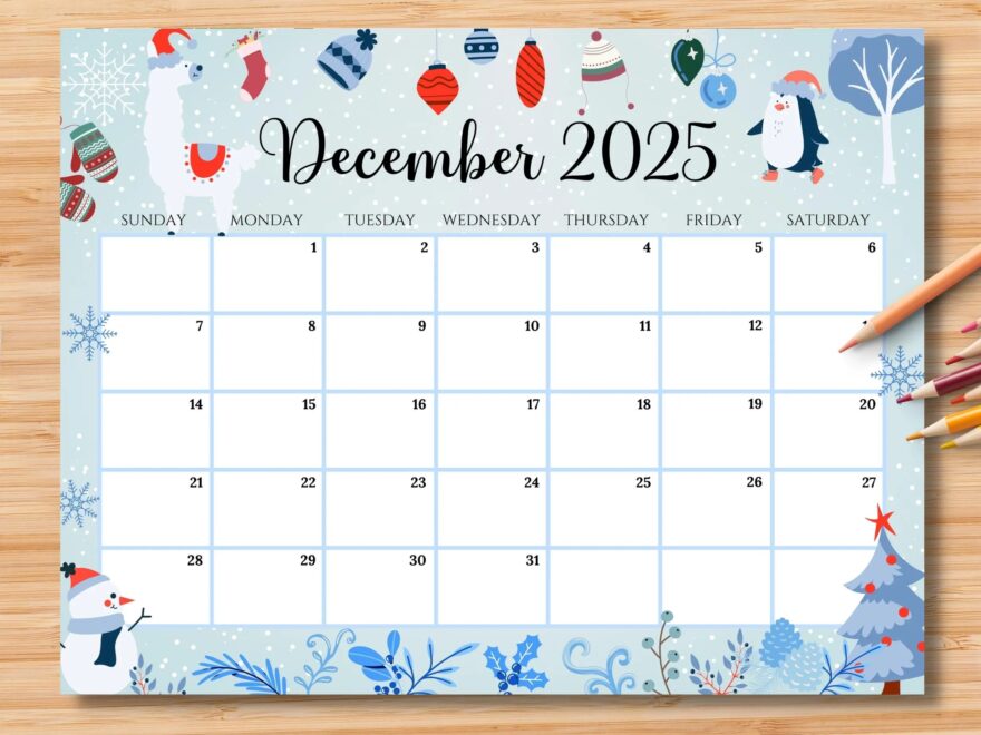 EDITABLE December 2025 Calendar Beautiful Christmas W cute Penguin Snowman Printable Monthly Planner For Kids School Home Work Office Etsy