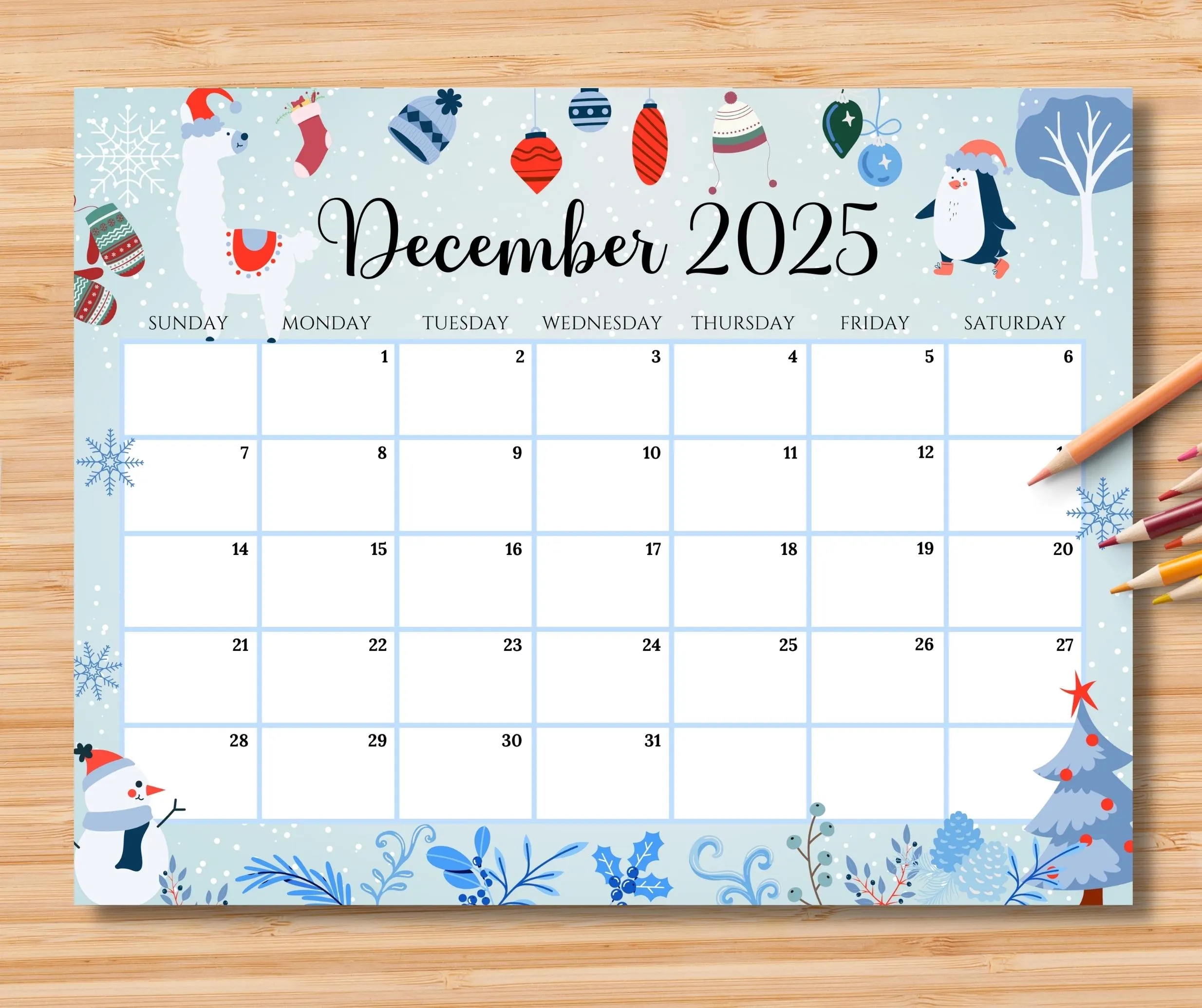 EDITABLE December 2025 Calendar Beautiful Christmas W cute Penguin Snowman Printable Monthly Planner For Kids School Home Work Office Etsy