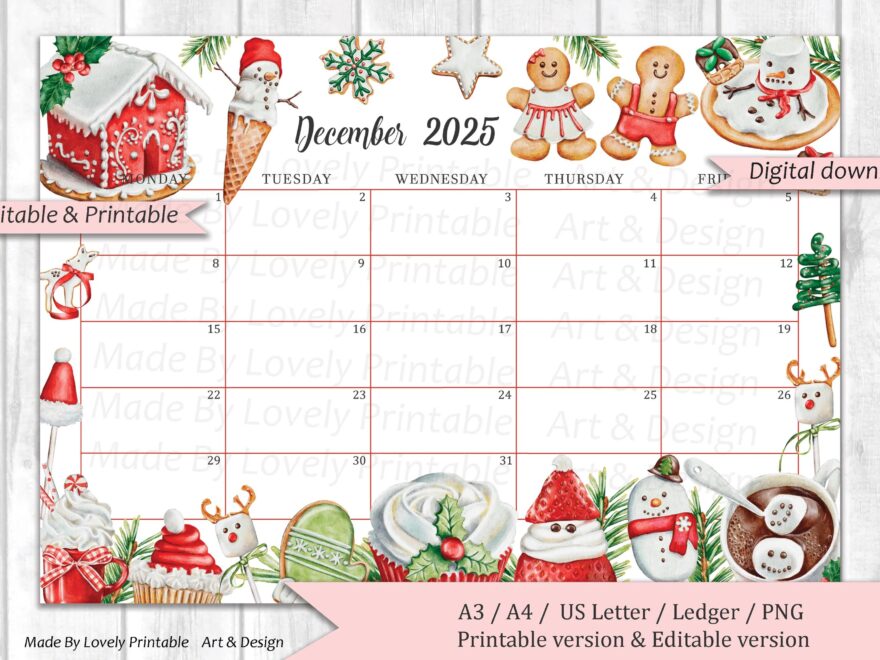 EDITABLE December 2025 Calendar Christmas Sweets Drinks mon fri Weekdays Only Printable Monthly Calendar Christmas Planner Kids Etsy