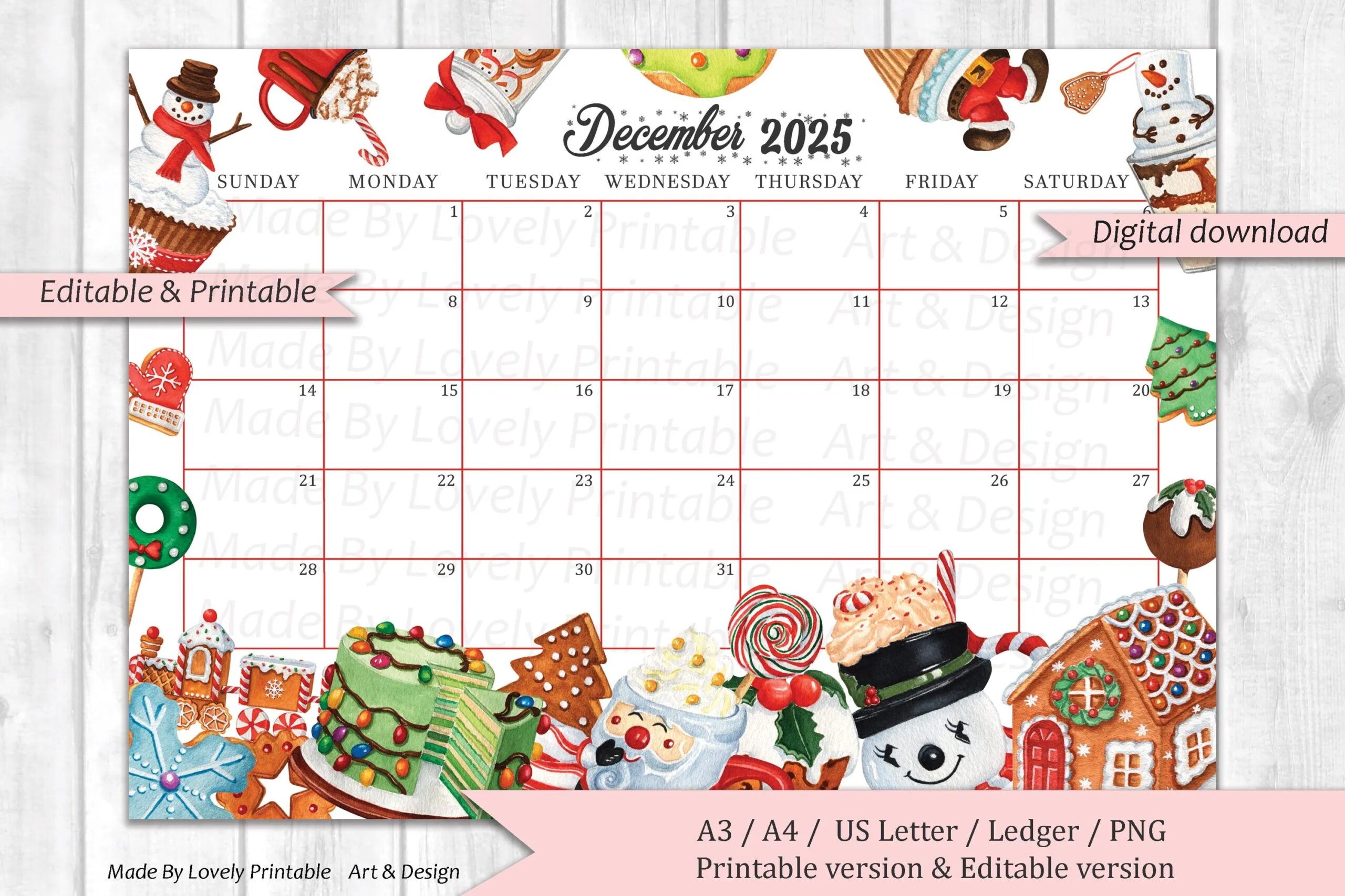 EDITABLE December 2025 Calendar Christmas Sweets Drinks Printable Monthly Calendar Christmas Planner Kids School Schedule Instant Dow Etsy
