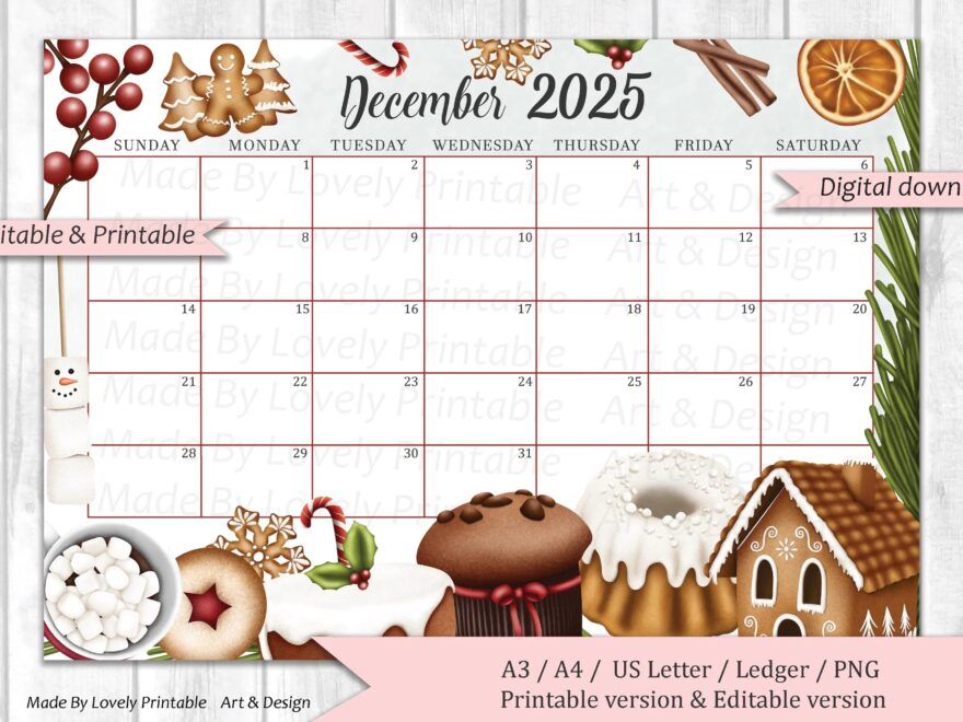EDITABLE December 2025 Calendar Christmas Sweets Drinks Printable Monthly Calendar Planner Kids School Schedule Instant Download Etsy