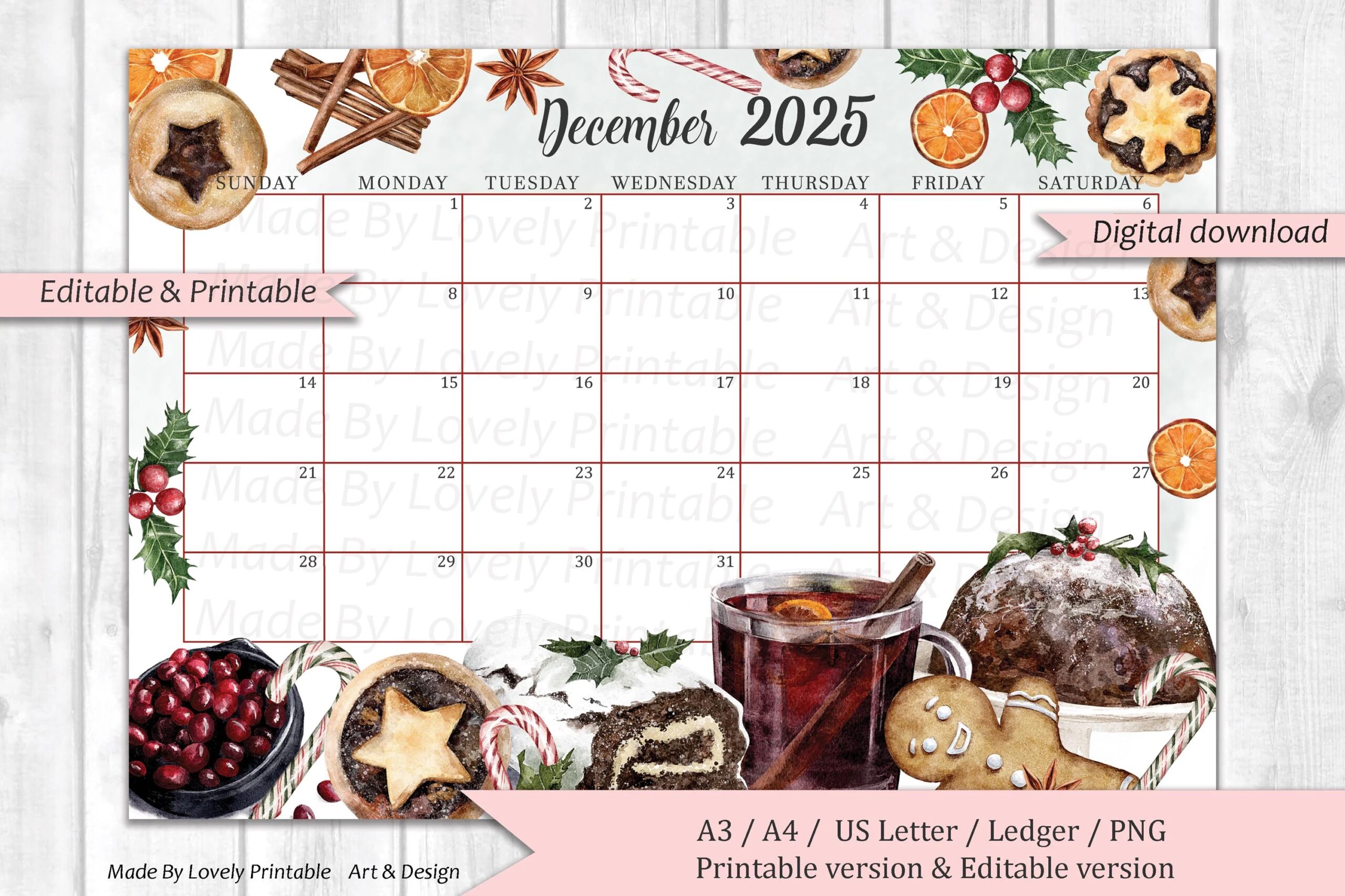 EDITABLE December 2025 Calendar Christmas Sweets Drinks Printable Monthly Calendar Planner Kids School Schedule Instant Download Etsy
